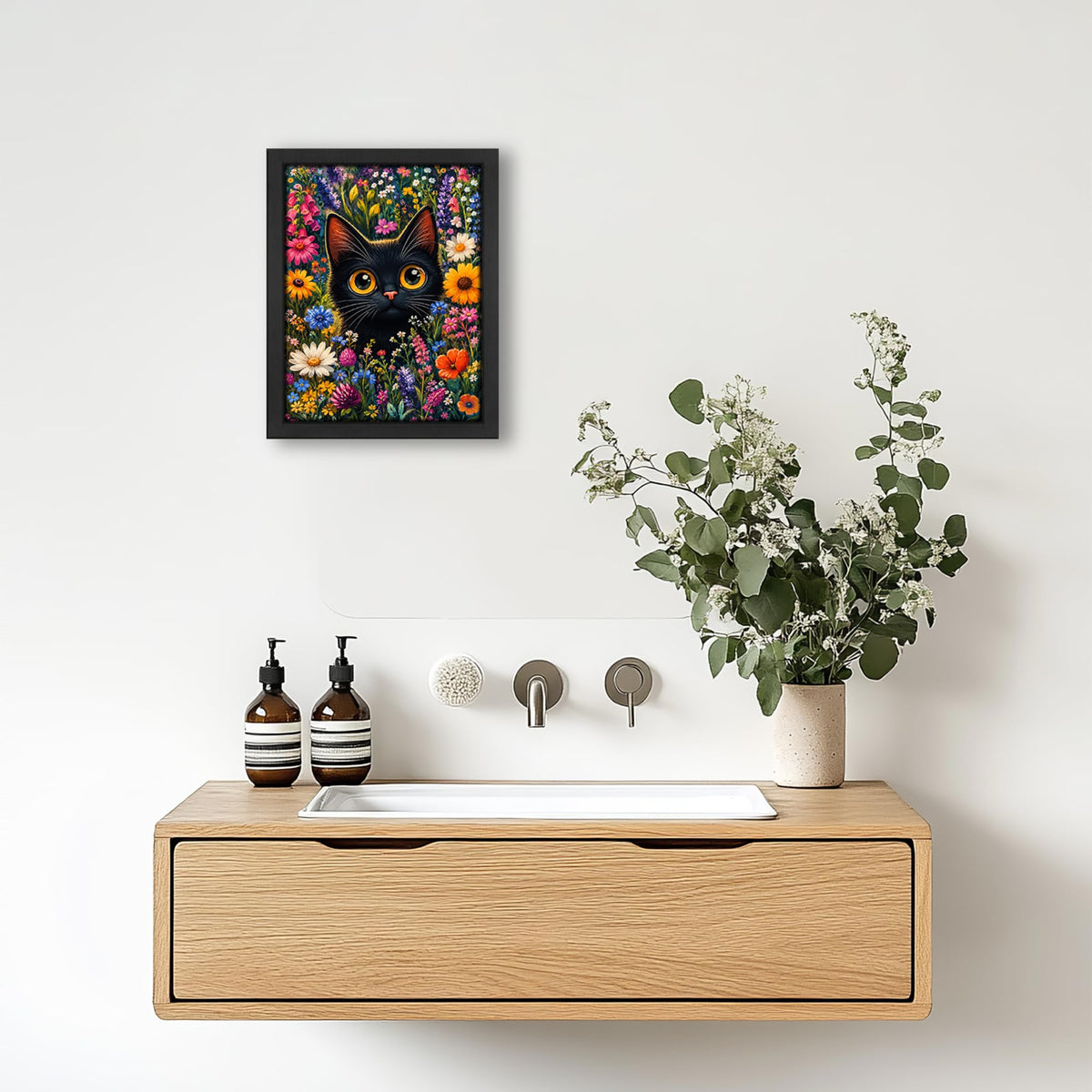 Black Cat Floral Decor Wall Art (Wall Art Framed 47 / 16"L x 12"W)