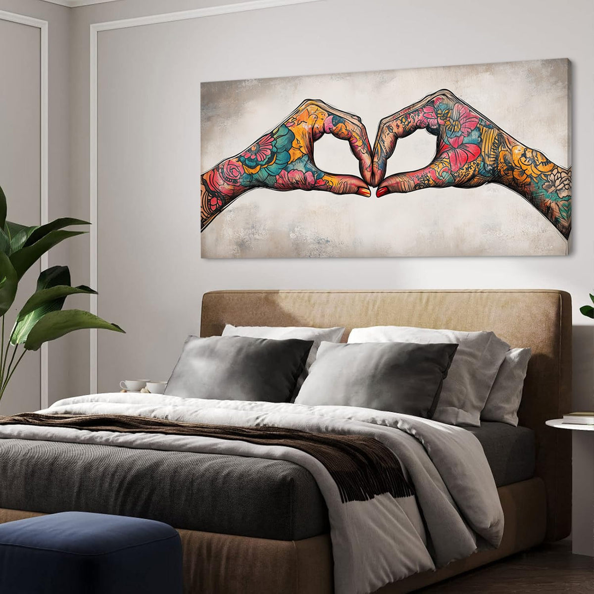 Colorful Two Tattooed Hands Heart Shape Wall Art for Living Room Office Romantic Gesture Contemporary Painting Prints Modern Canvas Artwork Dining Bedroom Decor Extra Large (Contemporary / Colorful TwoTattooed Hands Wall Art / 58"L x 28"W)