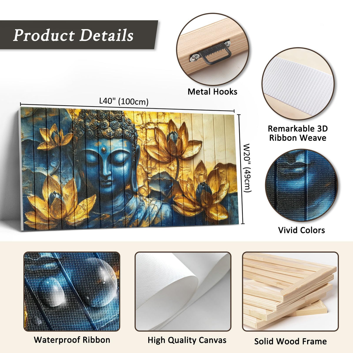 Vintage Buddha Wall Art Zen Lotus Flowers Canvas Ribbon Pictures Inspirational Wall Decor Handmade 3D Woven Textured for Buddhism Room Bathroom Bedroom Living Room Home Decor 20" x 40" (Gold / 40"L x 20"W)