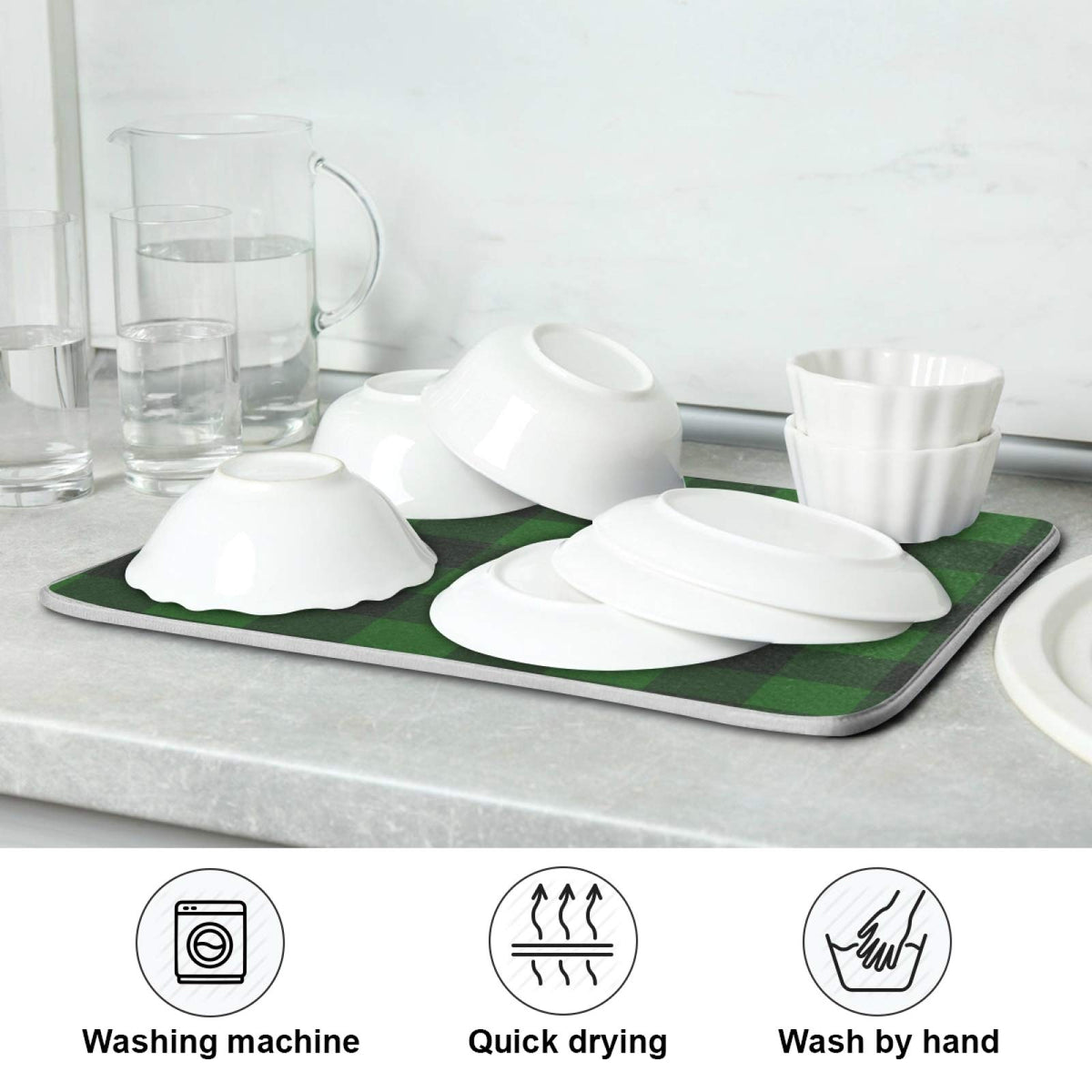 Super Absorbent Dish Drying Mat (Green Plaid / 18" x 24")