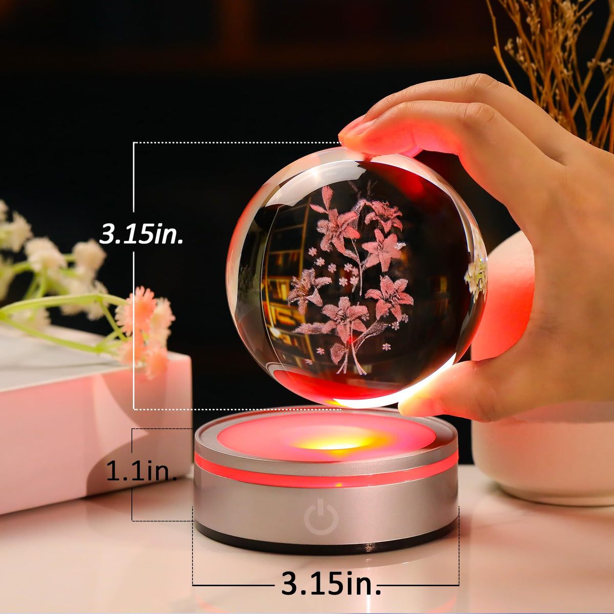 3D Lily Flower Decor Crystal Ball Night Light Gifts for Women (Lily)