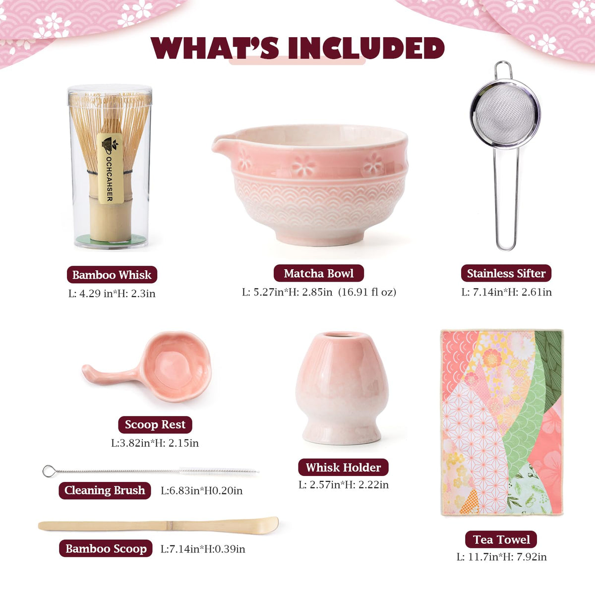 8 Pcs Matcha Whisk Set. Matcha set includes matcha bowl with Cherry Blossom (Pink Gradient)