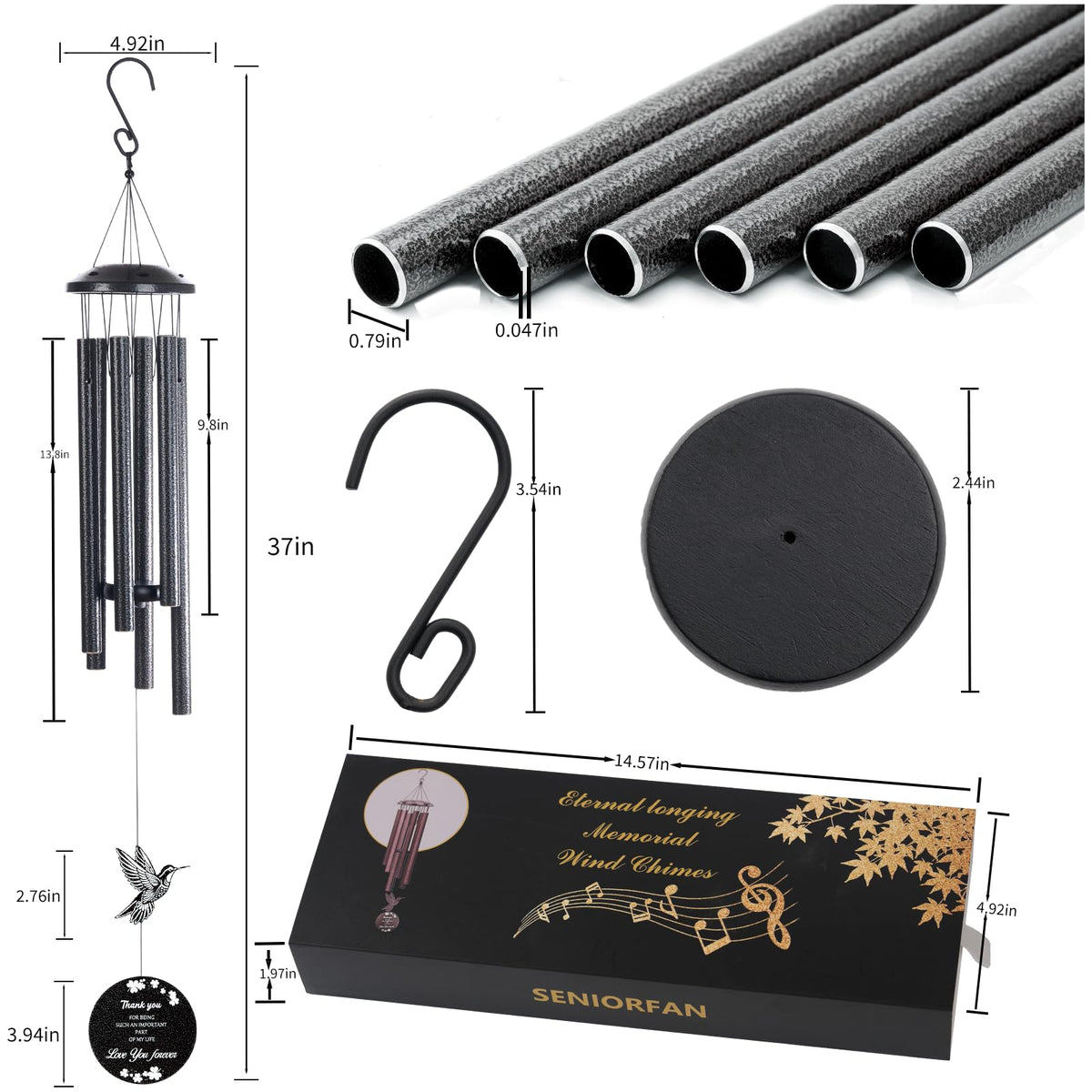 37 inch Hummingbird Wind Chimes are Suitable for Garden (Black)