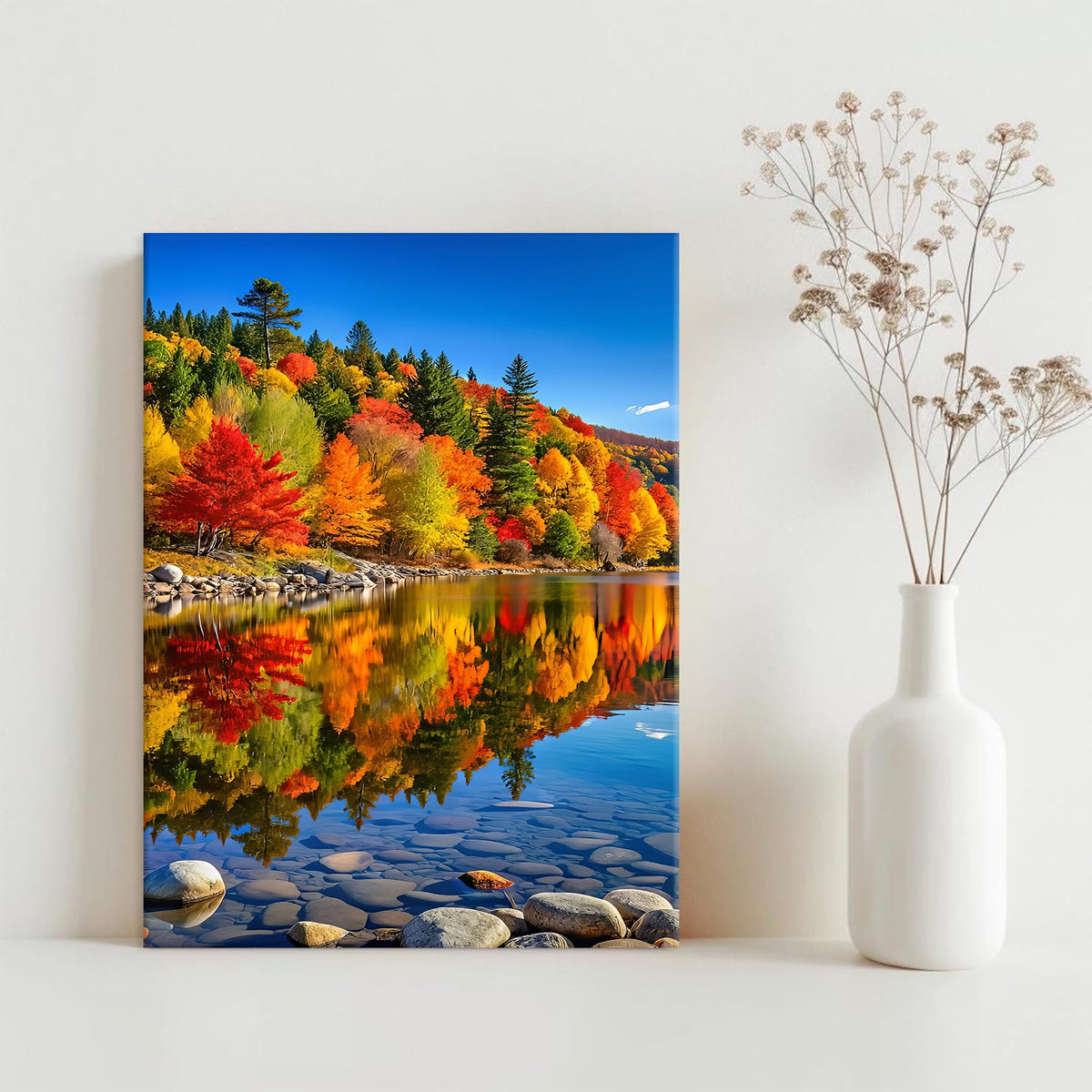 Nature Mountain Lake Wall Art Colorful Autumn Forest Landscape Picture Wall Decor Red Maple Tree Scenery Painting Canvas Prints Modern Poster Artwork for Living Room Bedroom Bathroom Decoration 12x16" (12"L x 16"W / Fall08)