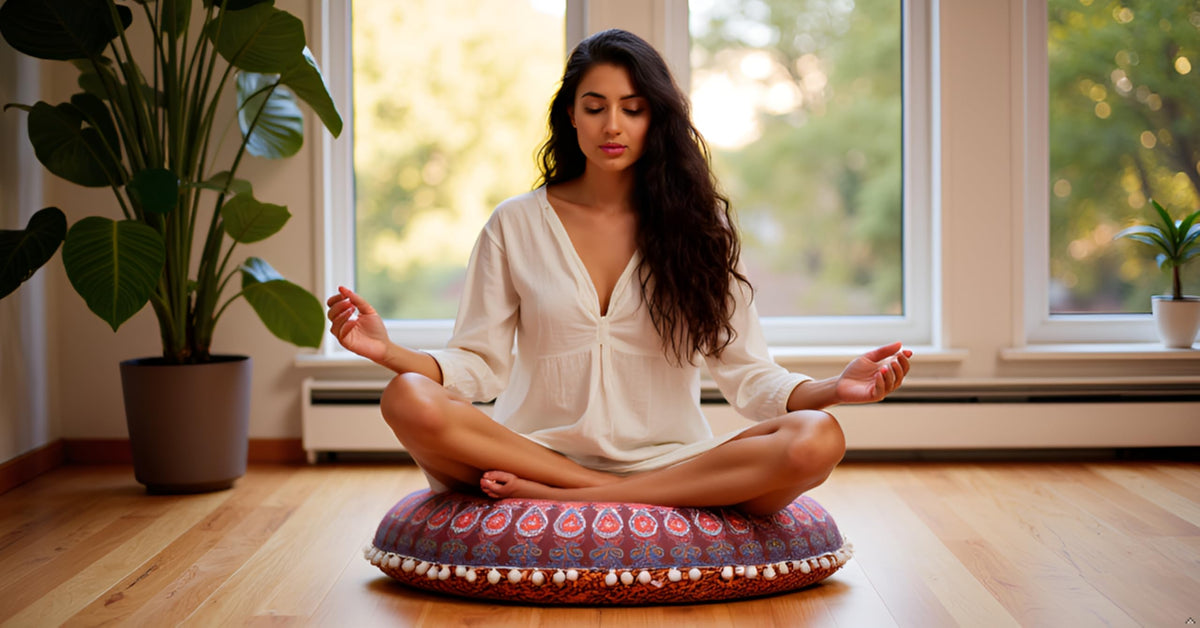 Round Mandala Boho Pillow Cover Meditation India Room Seating Poufs Cover for Living Room Yoga Room Home Décor Bedroom Balcony Garden Decoration Cotton Floor Cushion Cover 22" Maroon Mirchi (22" / Maroon Mirchi)