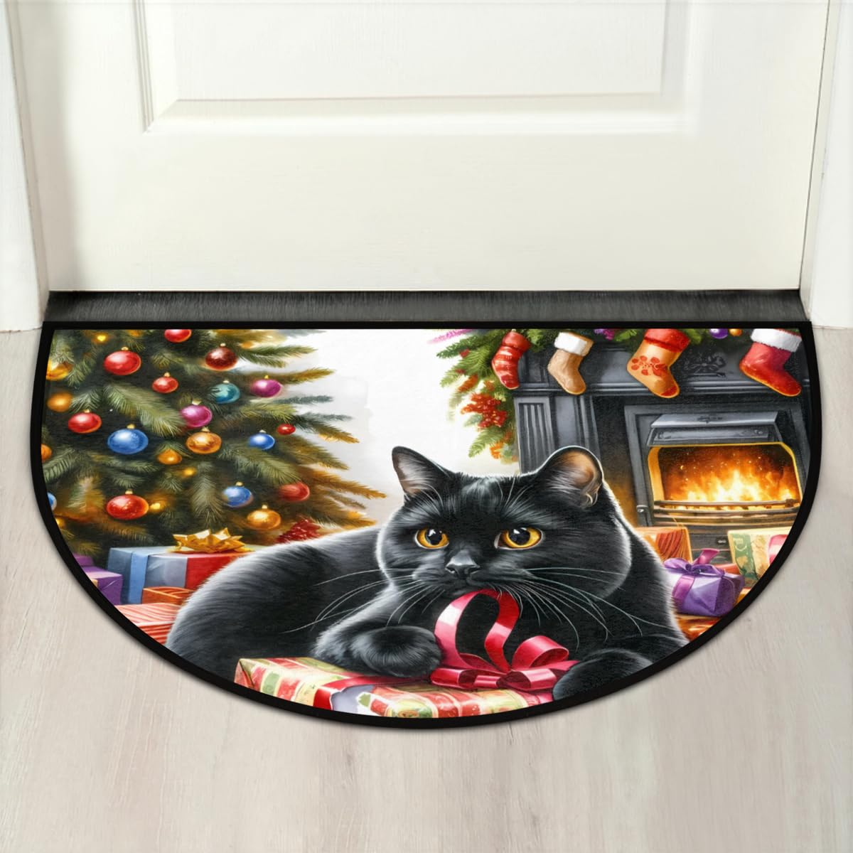 Christmas Cat Half Round Doormat Non Slip Half Moon Rug Outdoor Welcome Mat (B 028)