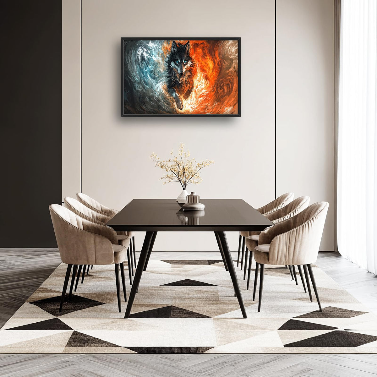 Wolf Large Wall Art Fire and Ice Wolf Framed Wall Decor Abstract Canvas Pictures Painting for Living Room Man Bedroom Bathroom 24"x36" (Fire and Ice Wolf / 36"L x 24"W)