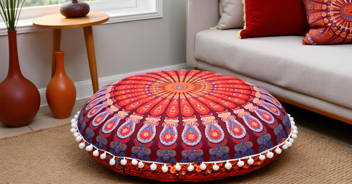 Round Mandala Boho Pillow Cover Meditation India Room Seating Poufs Cover for Living Room Yoga Room Home Décor Bedroom Balcony Garden Decoration Cotton Floor Cushion Cover 22" Maroon Mirchi (22" / Maroon Mirchi)