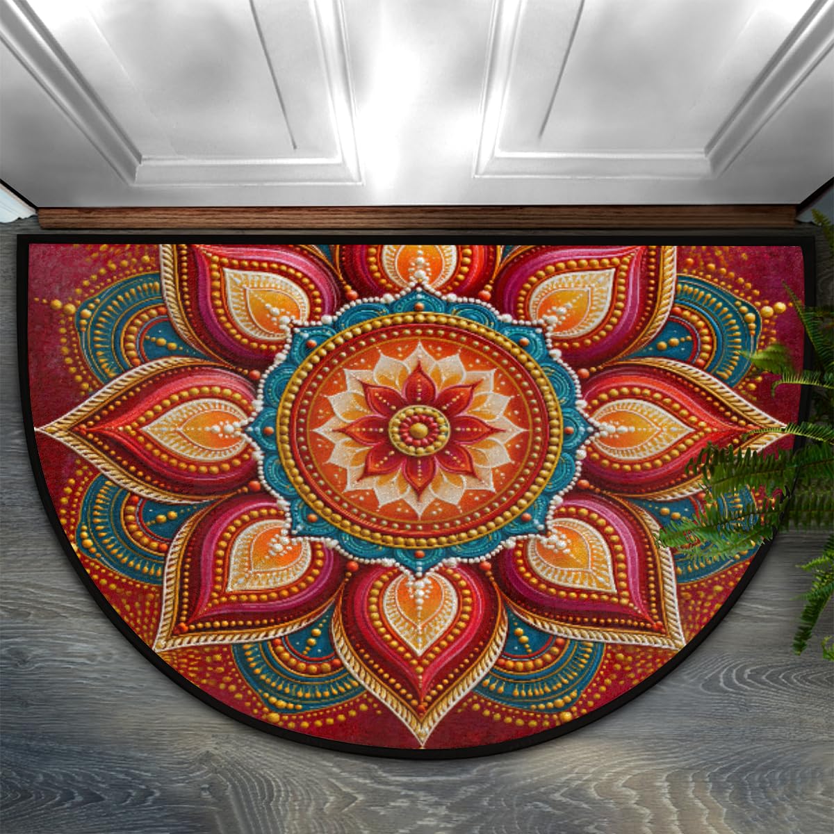 Mandala Half Round Door Mat Indoor Entrance Semi Circle Area Rugs (Z Mandala Red Flower Boho)