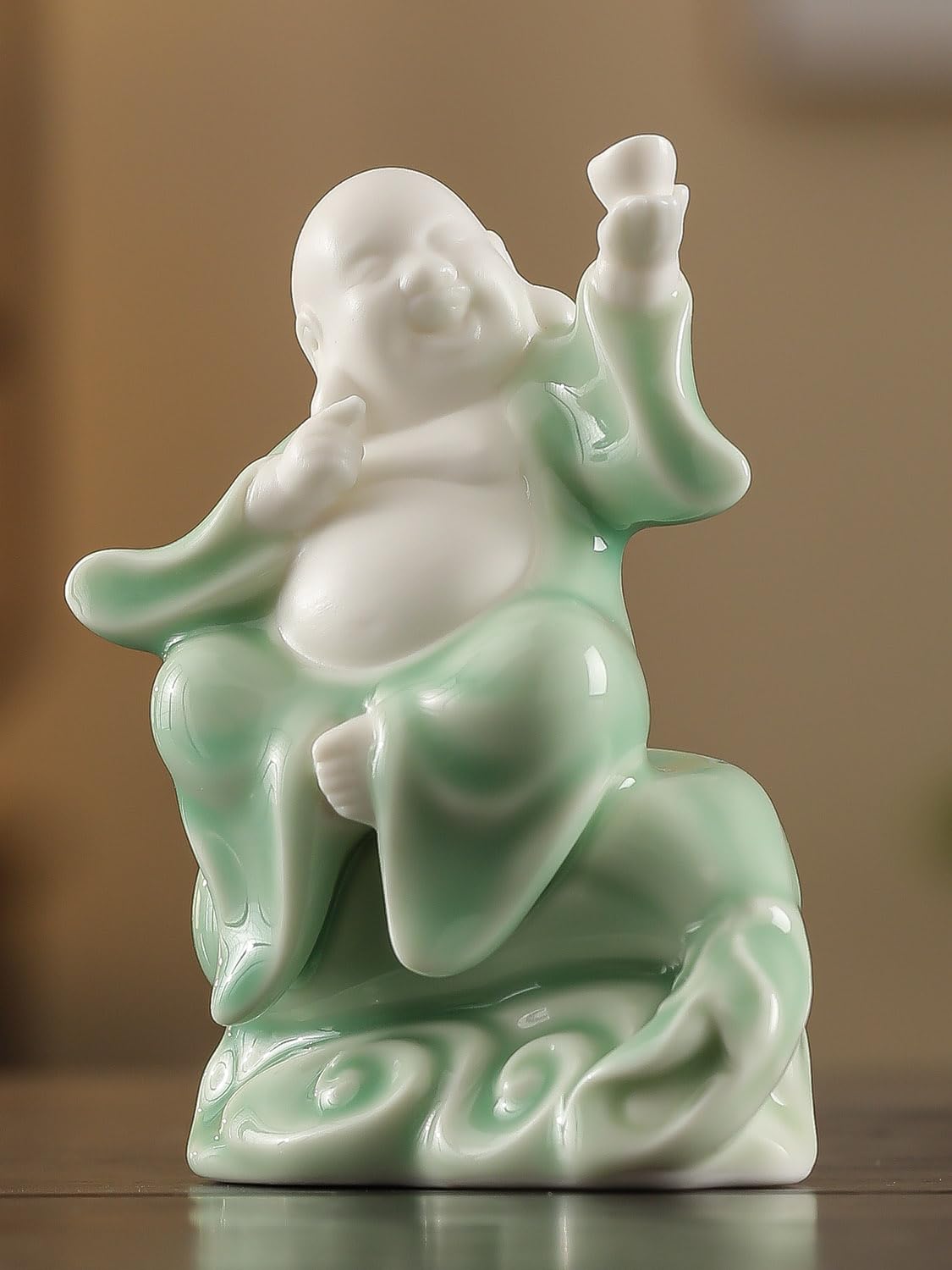 Small Green Laughing Buddha Statue for Good Luck (4.5" G – Holding Ingot)