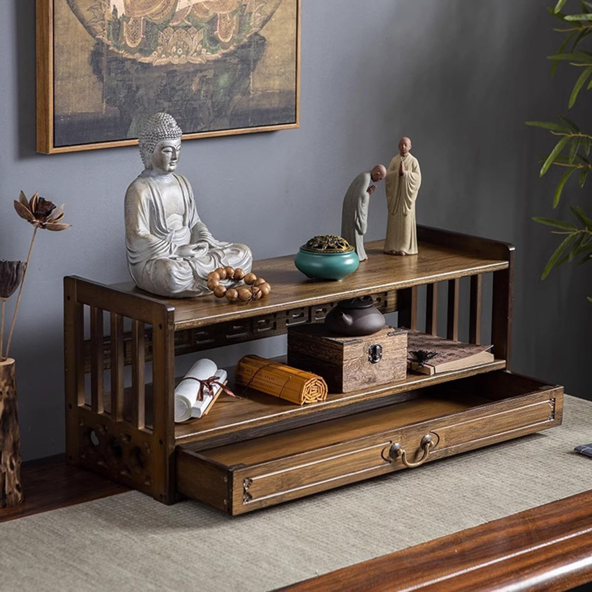 Low 3 Tier Meditation Table with Drawer (Walnut Color / 27.2”W)