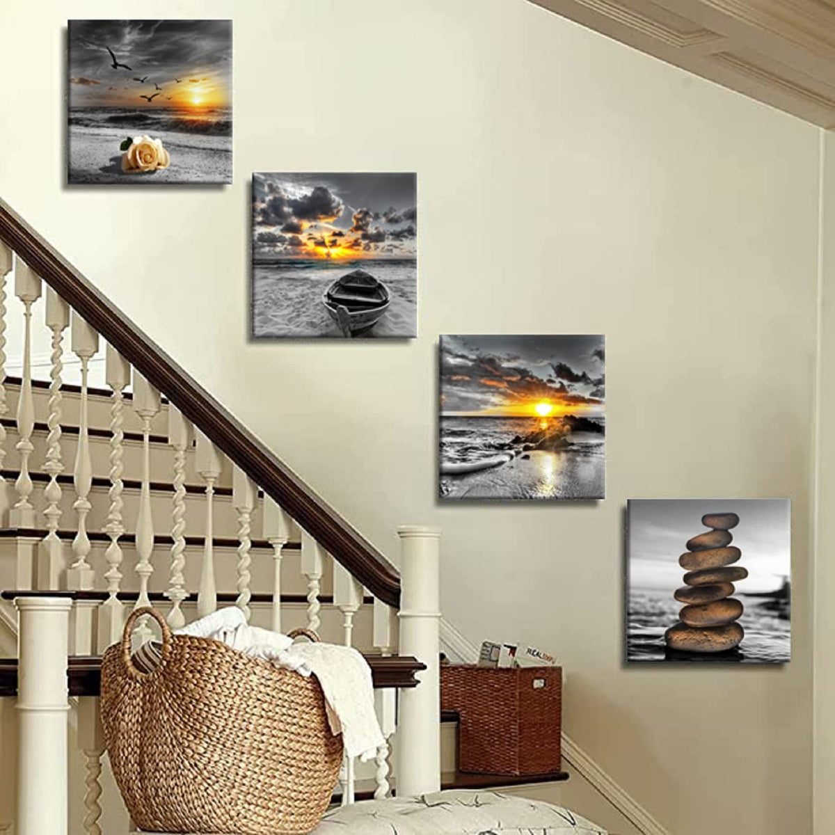 Black and White Gold Wall Decor Sea Sunset Beach Wall Art Seascape Zen Painting Sunrise Picture Ocean Canvas Print for Living Room Bedroom Bathroom Home Wall Decoration Framed Art (Ablack and white1 / 12"x12"inchesx4Pcs)