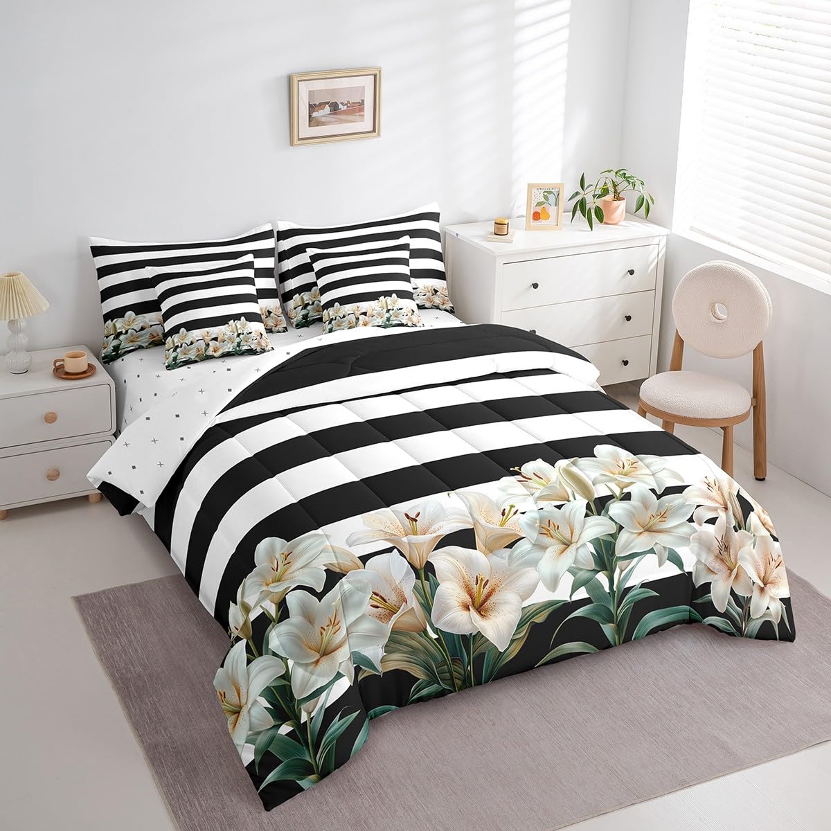 Garden Comforter Set with Sheets Twin Size Kids Flower 7 Piece Bedding Set All Season for Boys Girls Teens Modern Art Bed in A Bag Breathable Soft Lightweight Room Decor (Earth Black Yellow / Twin)