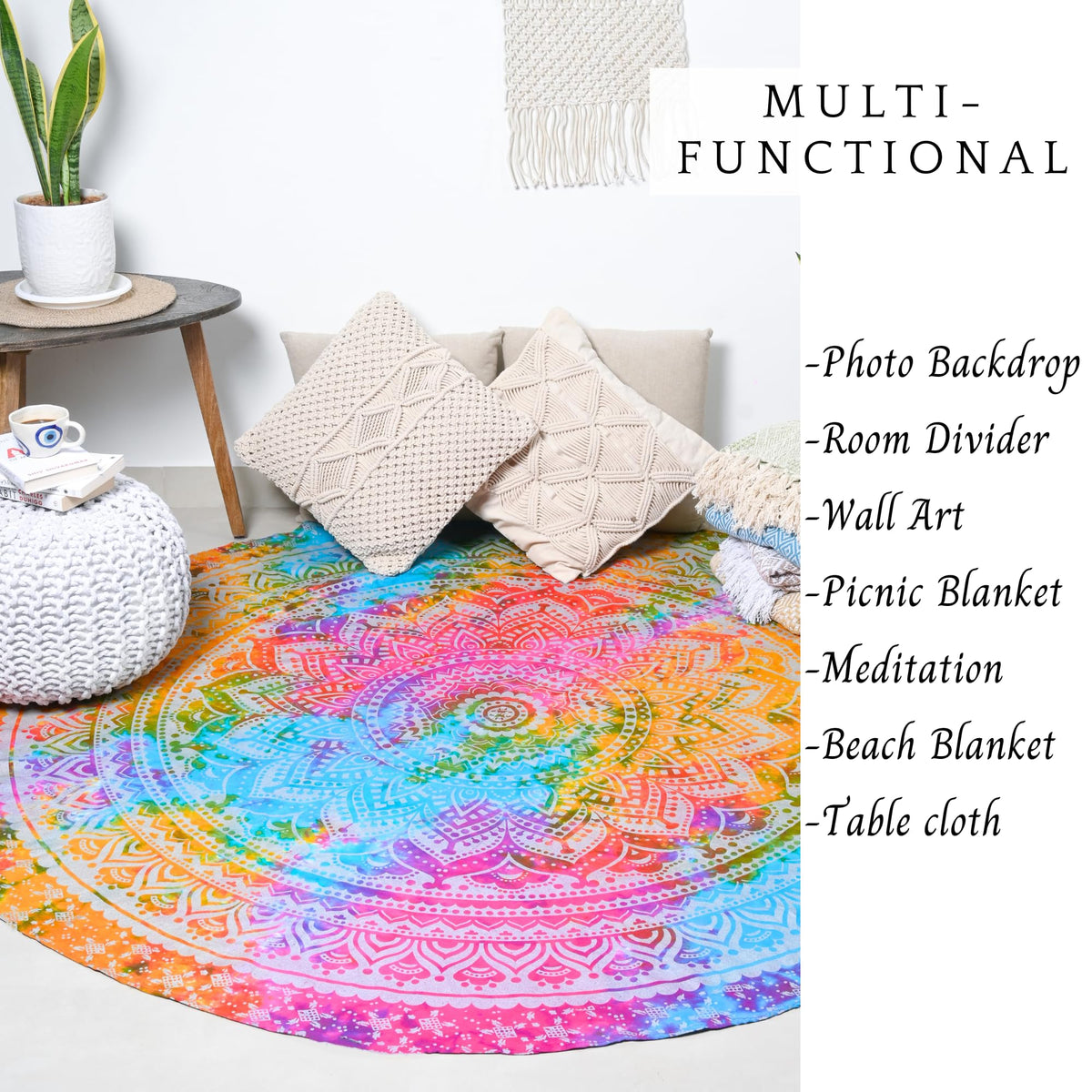 Multicolor Round Ombre Tapestry Cotton Mandala Tablecloth Yoga Mat Boho Camping Beach Blanket Circle Tapestries 72 Inches (Multicolor / 72"L x 72"W)