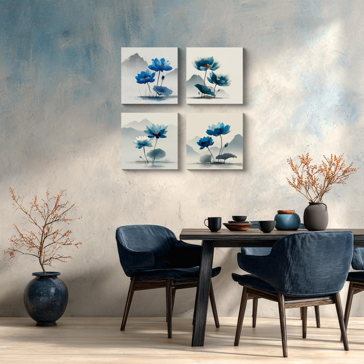 4PCS Blue Lotus Flower Wall Art Oriental Ink Painting Style Watercolor Botanical Canvas Print Traditional Chinese Zen Artwork Mountain Landscape Decor for Living Room Bedroom Meditation Space (16X16inchX4 / Blue Lotus-1)