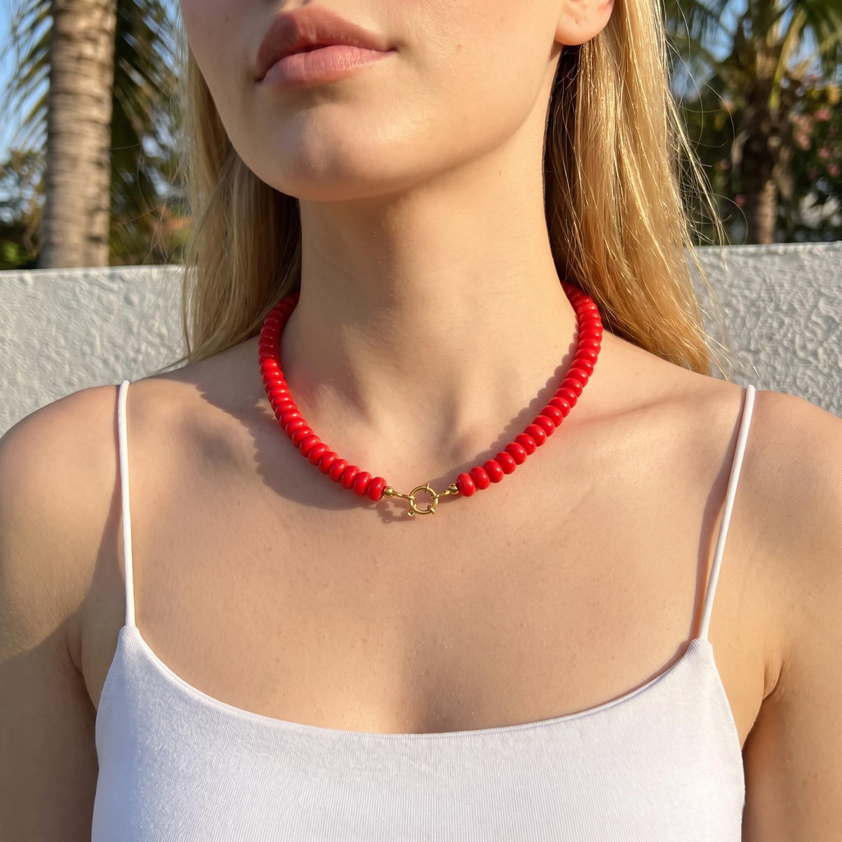 Red Natural Stone Beaded Choker Necklace for Women (Tangerine-color)