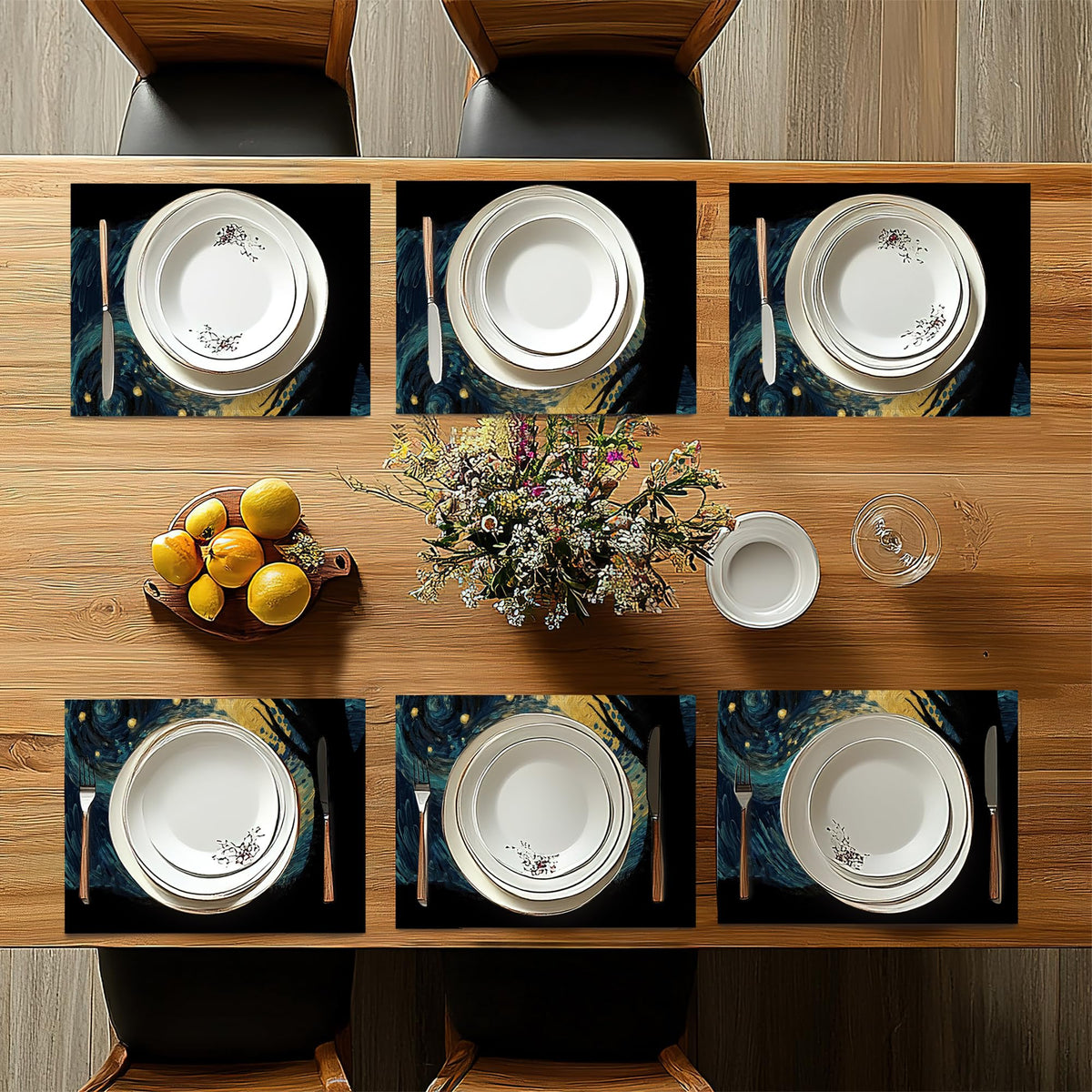 Black Cat Placemats Set of 6 (Black Cat Starry Night)