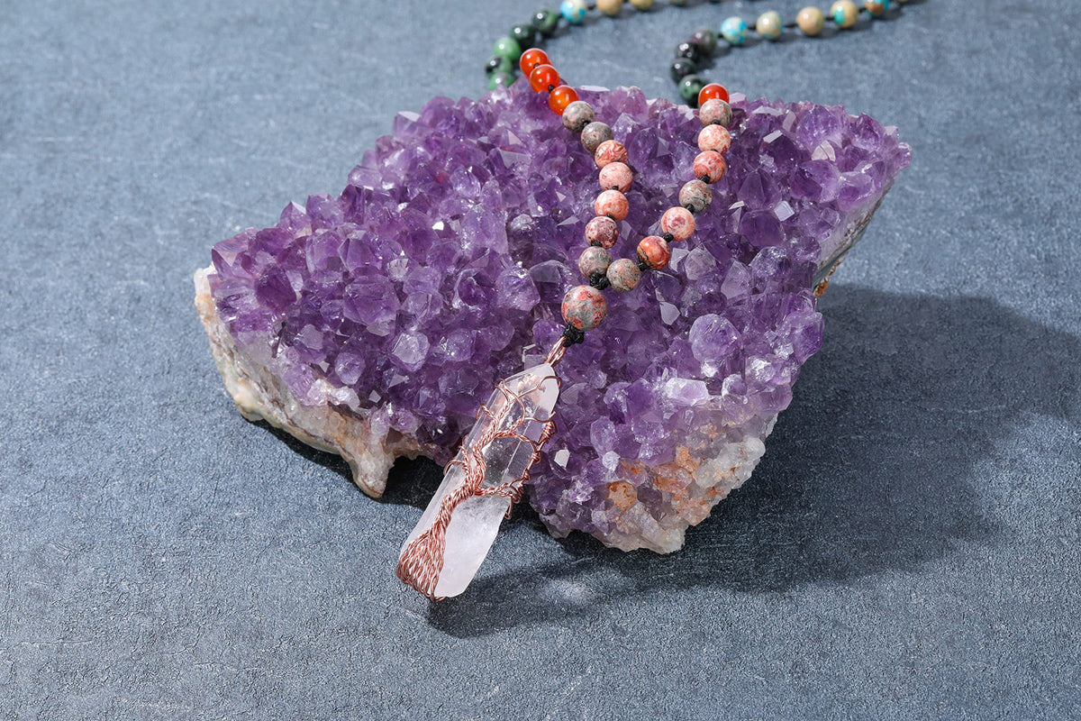 Natural 7 Chakra 108 Mala Prayer Beads Necklace with Reiki Clear Quartz Tree of Life Healing Crystal Pointed Pendant Multilayer 6mm Gemstone Beads Men Women Jewelry for Meditation (Clear Quartz)