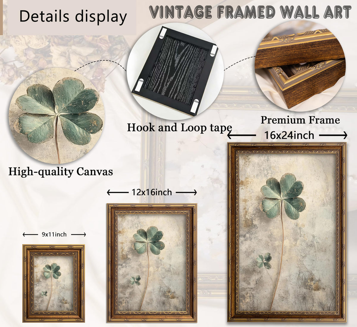 Vintage Green Botanical Canvas Wall Art (Lucky Clover / 11"L x9"W)