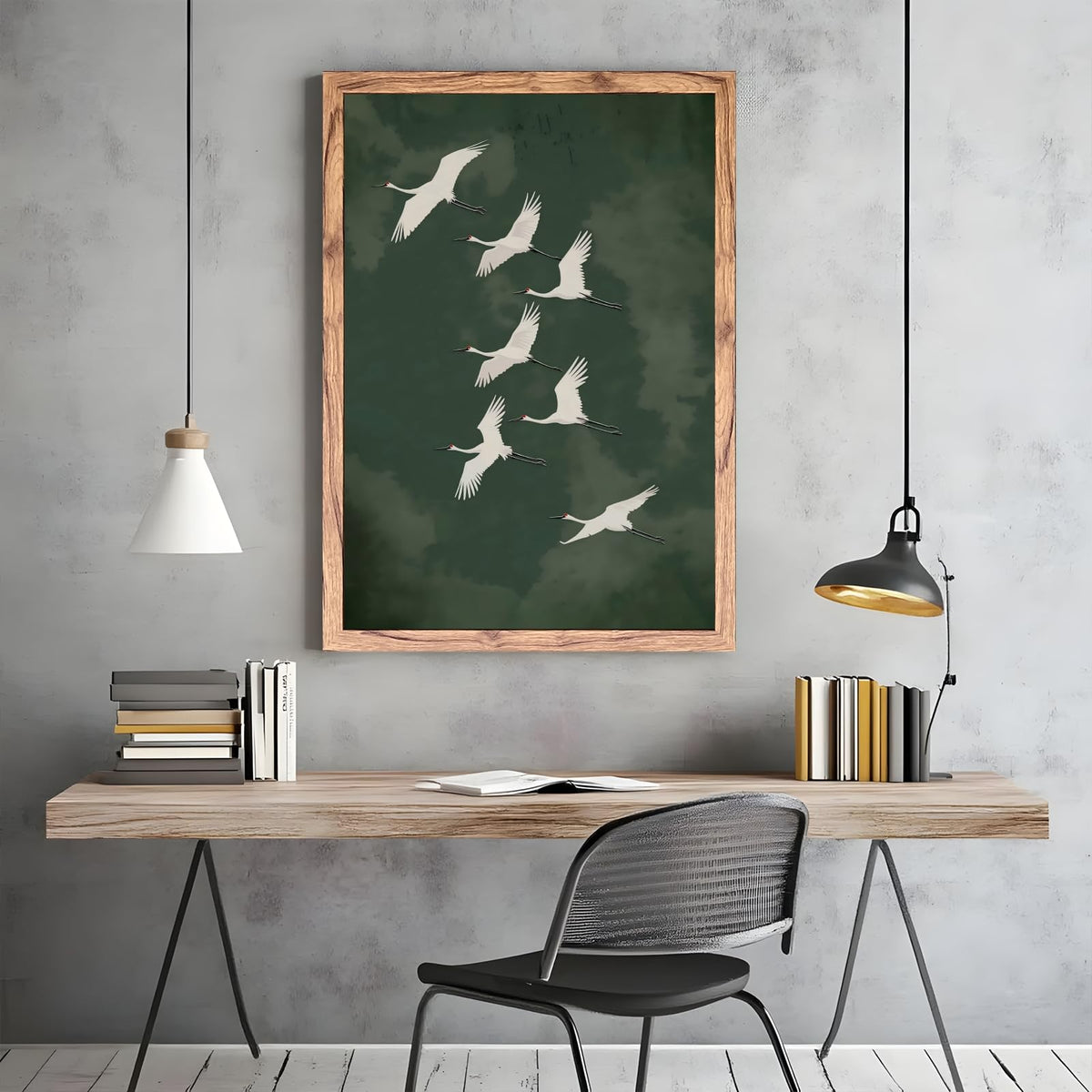 Wood Frame Japandi Wall Art Vintage Green Flying Bird Posters Elegant Japanese Cranes Zen Canvas Print Minimalist Wall Decor Painting Asian Decor Pictures for Living Room Bedroom 12x16inch (12"L x 16"W / style-3 Wood Framed)