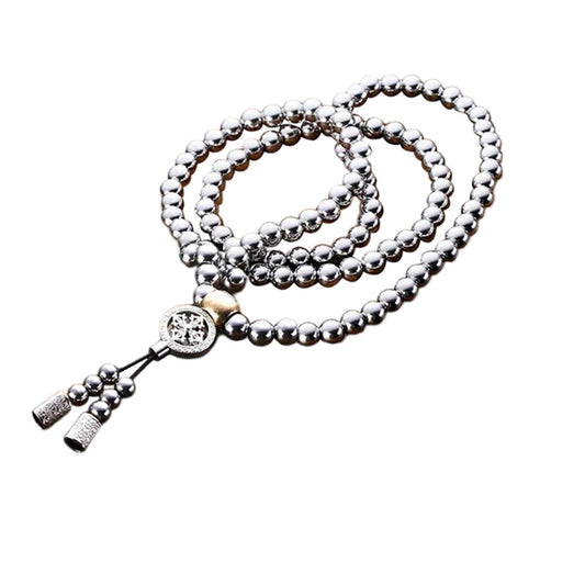 108 Buddha Beads Necklace for Men Stainless Steel Chain (Silver-Round)