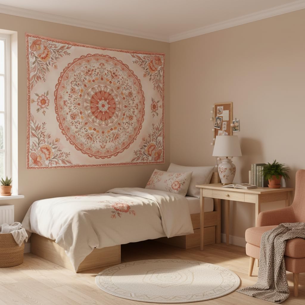 Pink Mandala Tapestry Wall Hanging Boho Floral Tapestry Aesthetic Watercolor Flower Medallion Cute Small Tapestries for Bedroom Living Room Dorm Decor 60 x 44 Inch (Bohemian / Peach Pink / 60"L x 44"W)