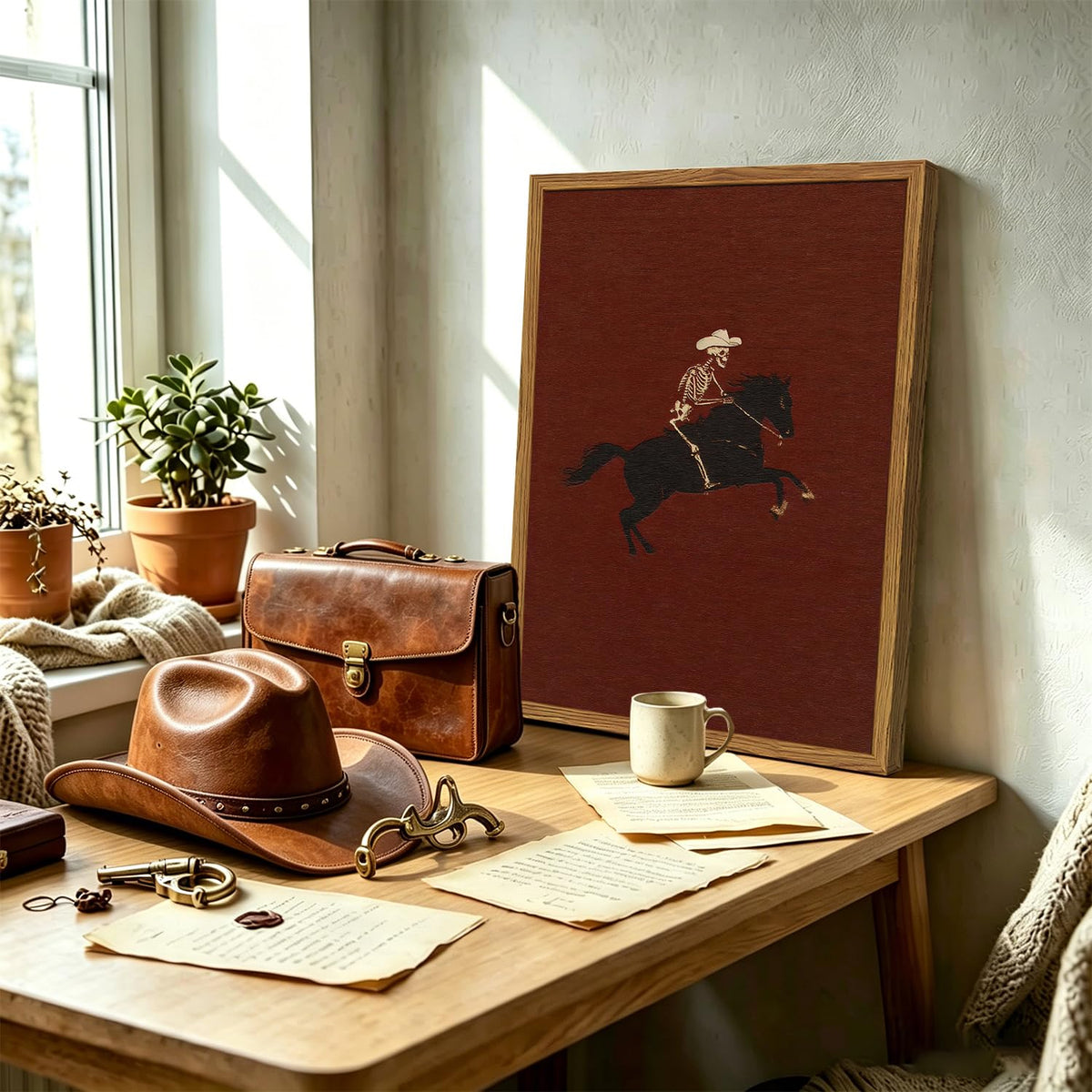 Framed Vintage Western Cowboy Wall Art (Skeleton / 24"L x 16"W)