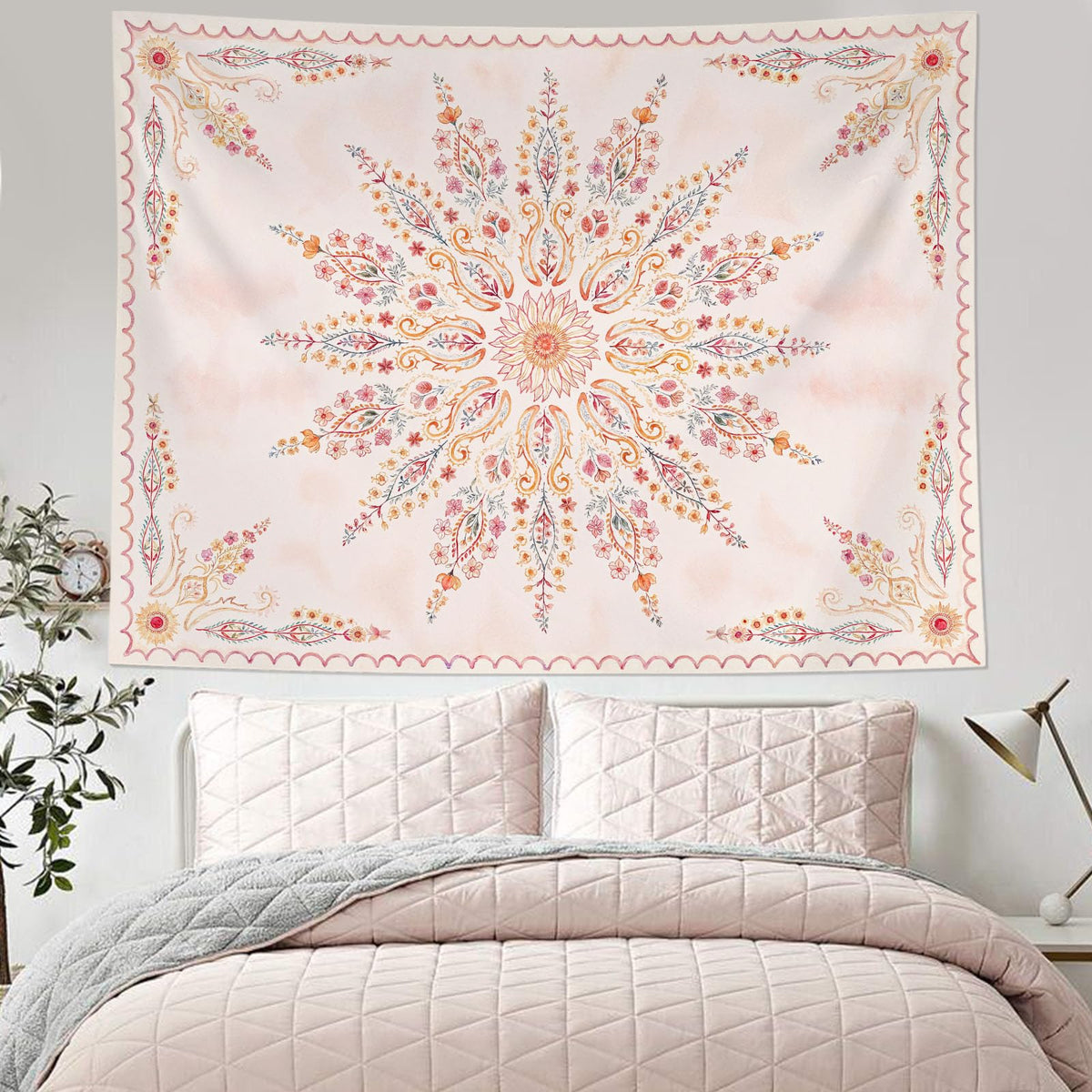 Boho Floral Mandala Tapestry for Bedroom Aesthetic Pink Bohemian Flower Wall Tapestry Watercolor Hippie Indian Small Tapestries Wall Hanging for Living Room Dorm Decor 48 x 36 Inch (Pink Brown / 48"L x 36"W)