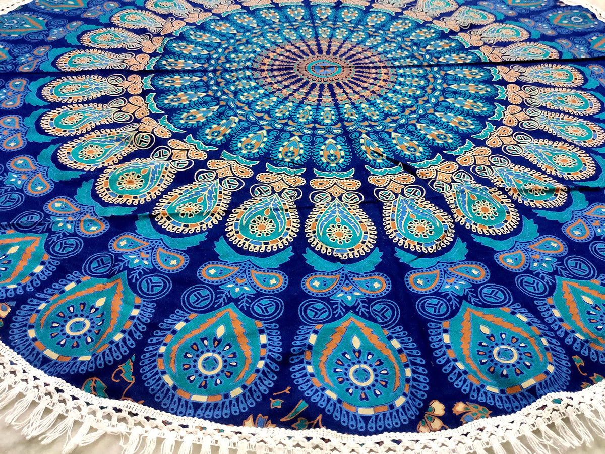 Round Beach Tapestry Turquoise Mandala Throw (3'6" (Round) / Blue)