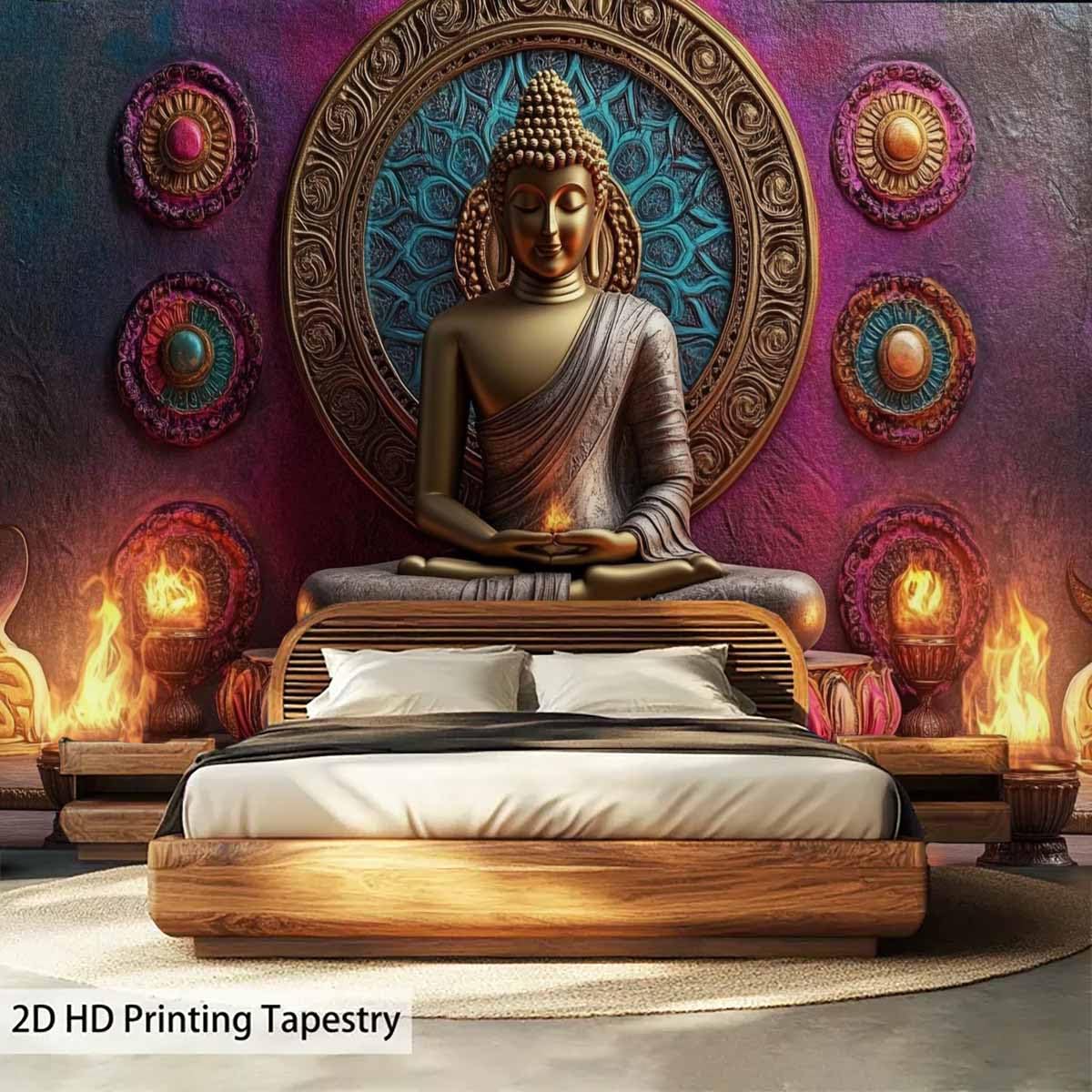 Vintage Meditation Tapestry Gloden Buddha Zen Happiness Wall Hanging Large Tapestries Psychedelic Buddhist Poster Decorations Bedroom Living Room Dorm (Red / 79"L x 59"W)