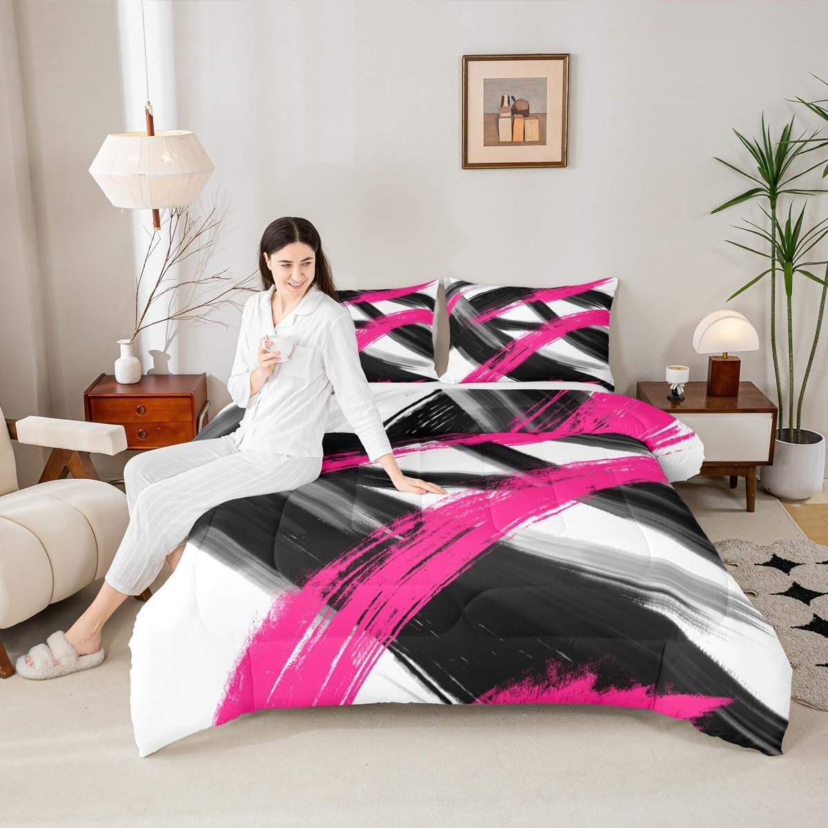 Black Hot Pink Comforter Set Queen Size Abstract Geometric Bedding Set for Boys Girls Modern Minimalist Duvet Quilt Room Decor Breathable Soft Microfiber All Season 3Pcs with 2 Pillow Cases (Multi 45690 / Queen)