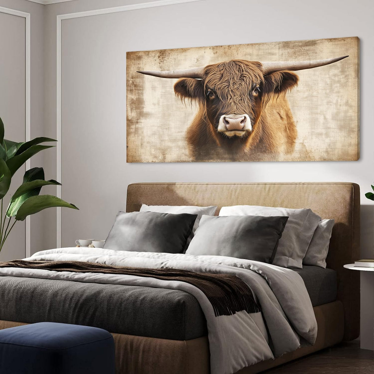 Beige Highland Cow Wall Art for Living Room Office Rustic Scottish Cattle Farmhouse Decor Painting Prints Distressed Canvas Artwork Dining Bedroom Decor Extra Large (Farmhouse / Beige Rustic Cow Wall Art / 58"L x 28"W)