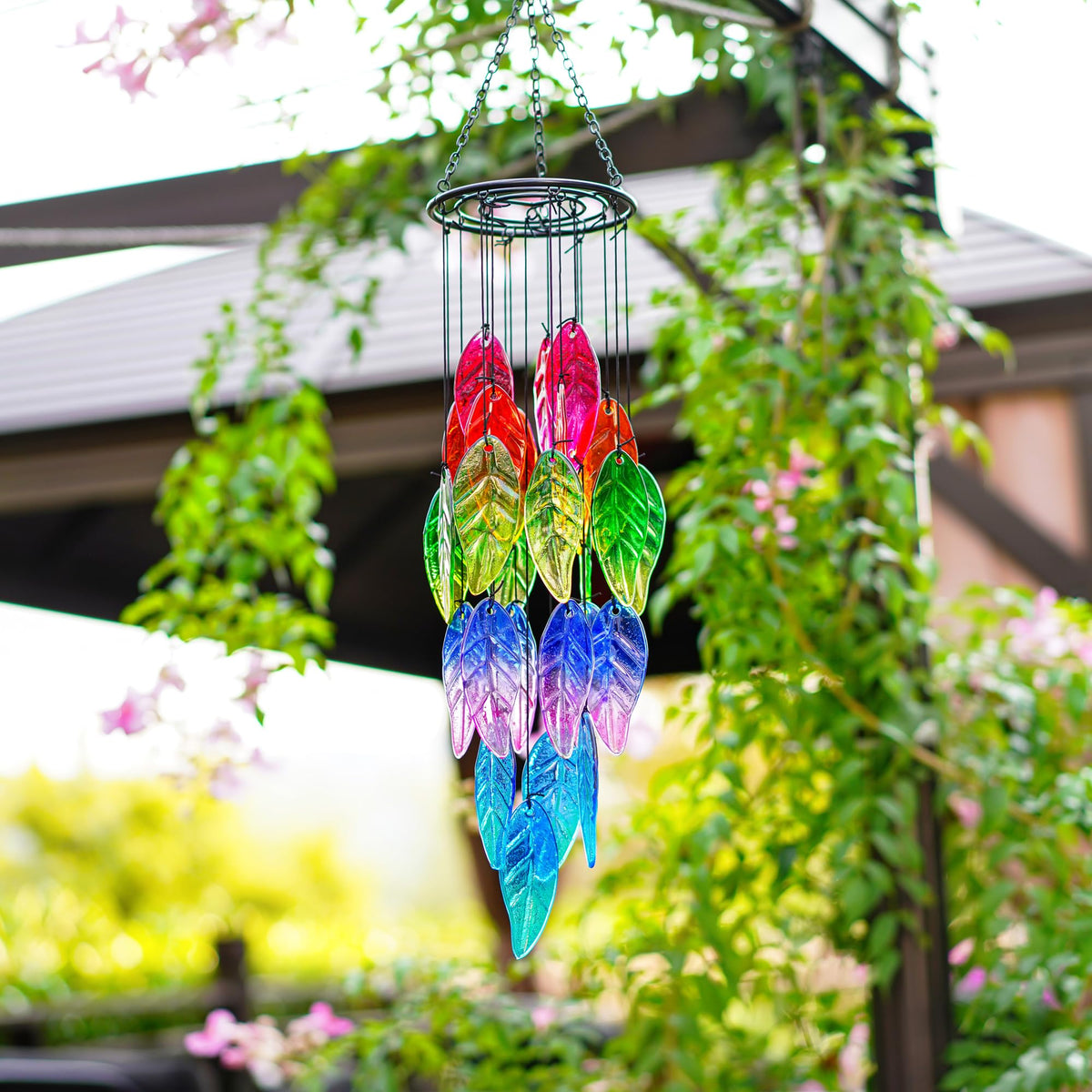 18 Inch Stained Glass Leaves Wind Chimes for Outside Garden (23.8in-Colored Leaves)