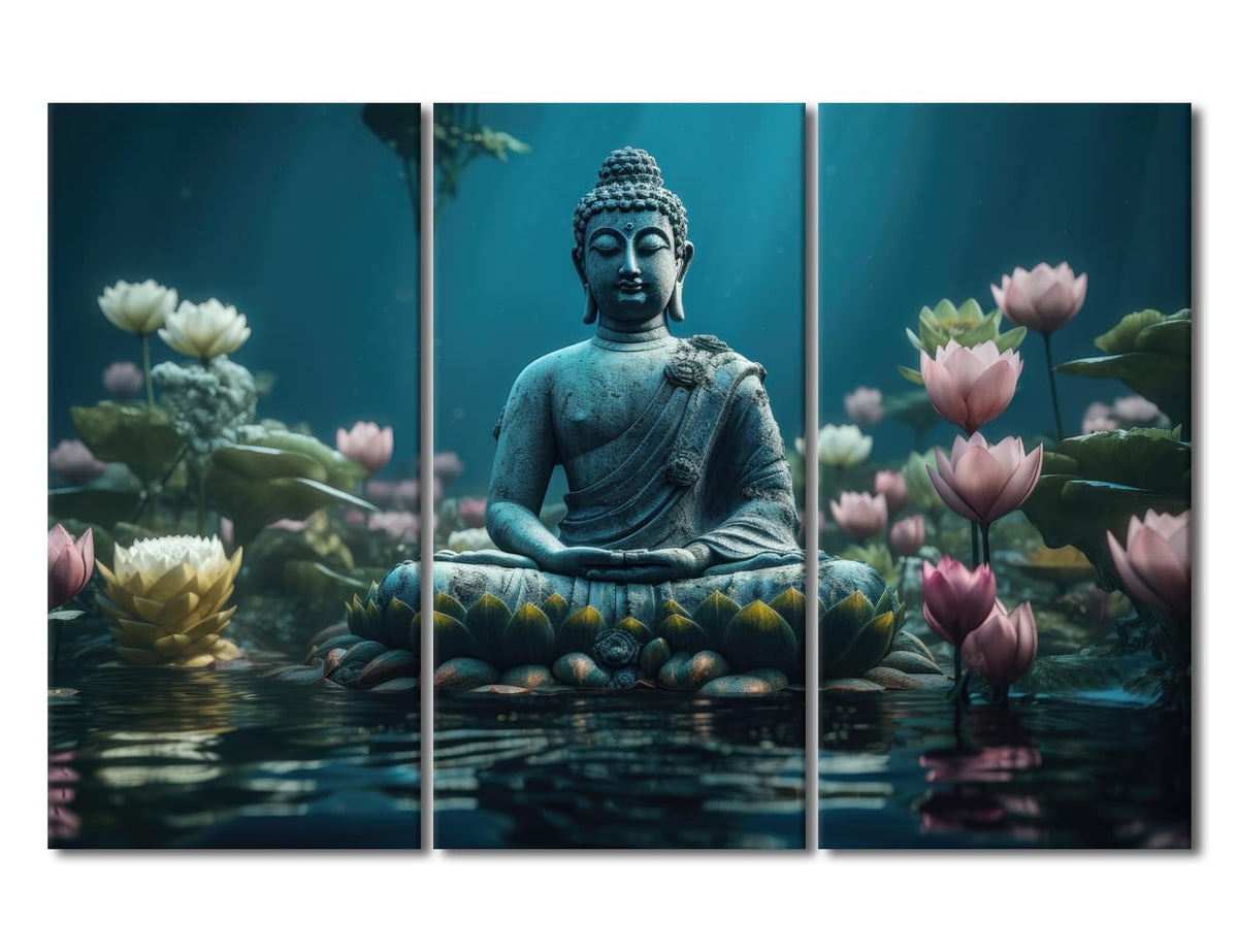 Canvas Wall Art for Living Room Modern 3 Panel Buddha Poster Decor Buddha Statue in the Water Picture Printing for Buddhist Believers Bedroom Decor Stretched and Framed Ready to Hang 42x28 in (42x28 in / 3PANEL-07)