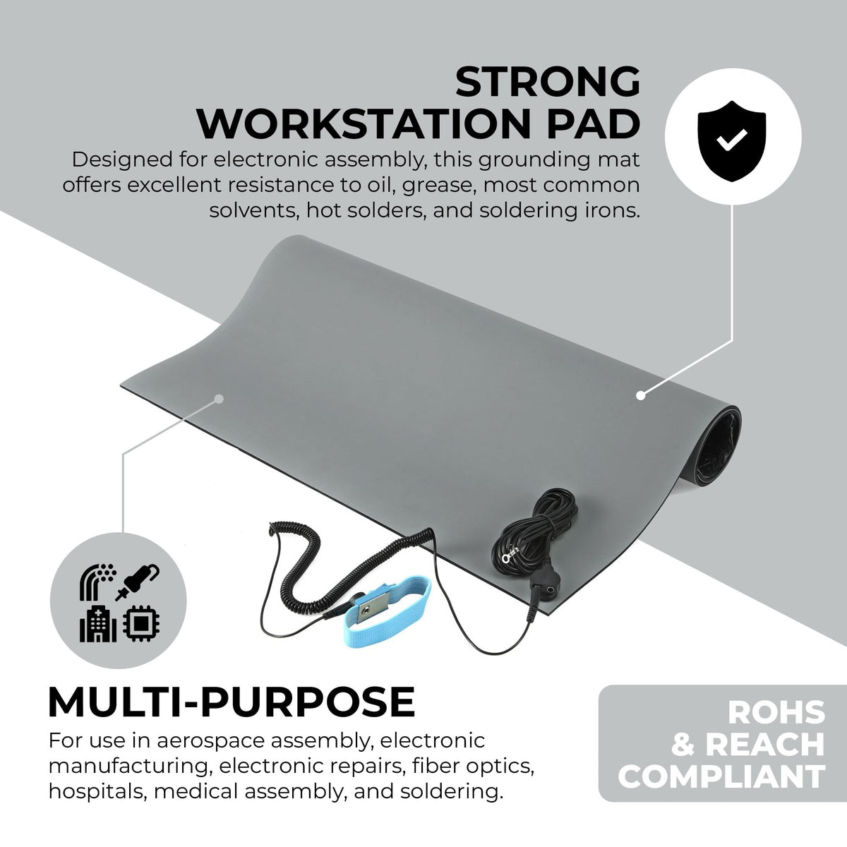 MWRF ESD Mat Kit with Wrist Strap and Grounding Cord (2 FT x 4 FT / Grey)