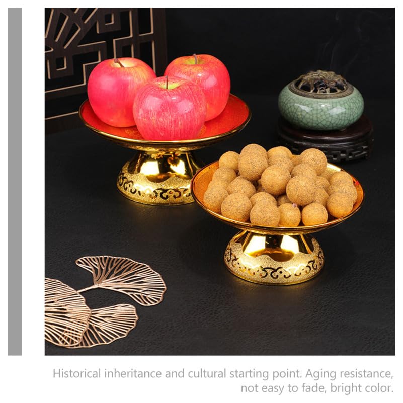 2pcs Golden Footed Offering Plate Vintage Temple Fruit Tray for Snacks Desserts Spiritual Offerings Design Auspicious Patterns for Family Ceremonies (19.2X19.2CM / Golden)