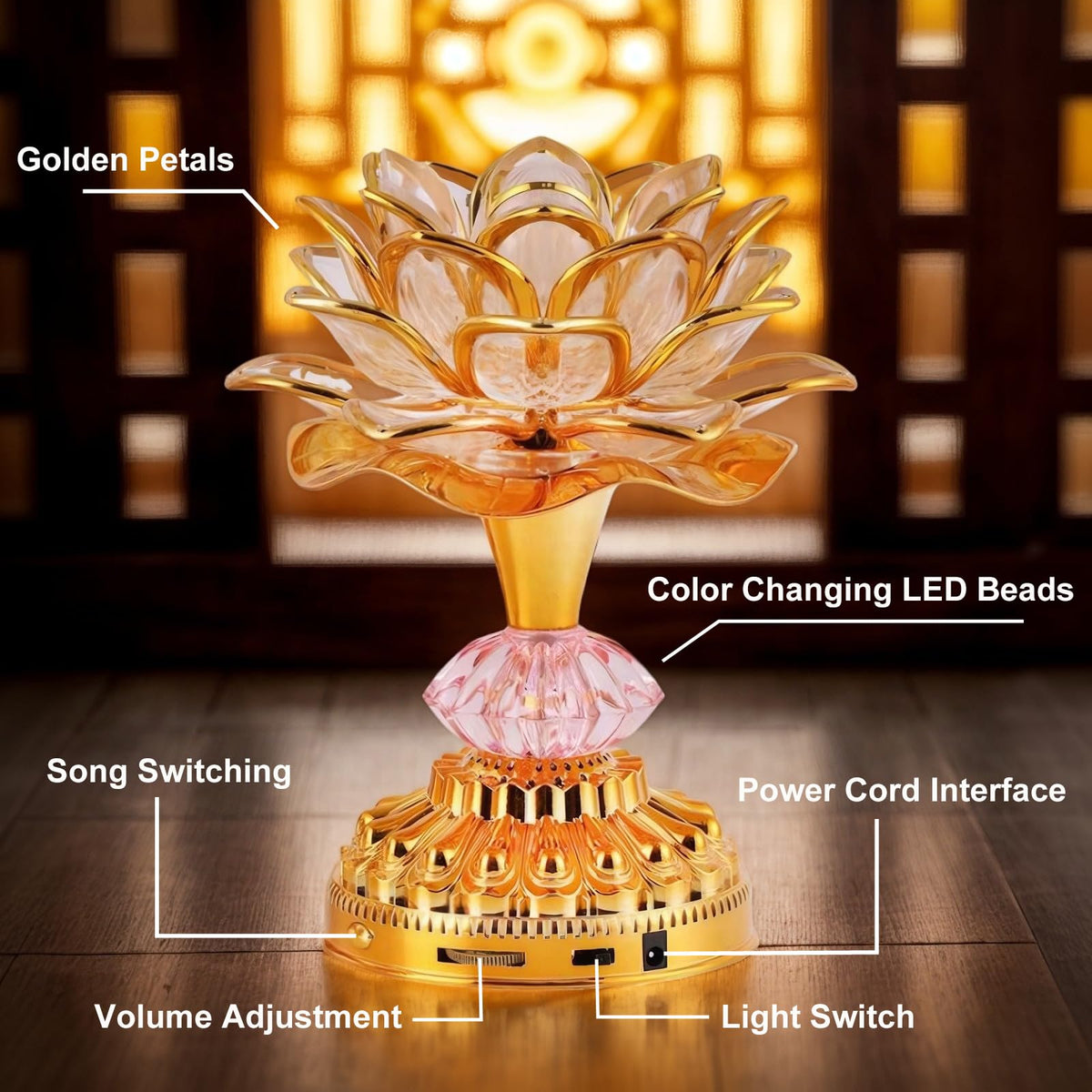 Colorful LED Lotus Buddhist Lamp (Golden)