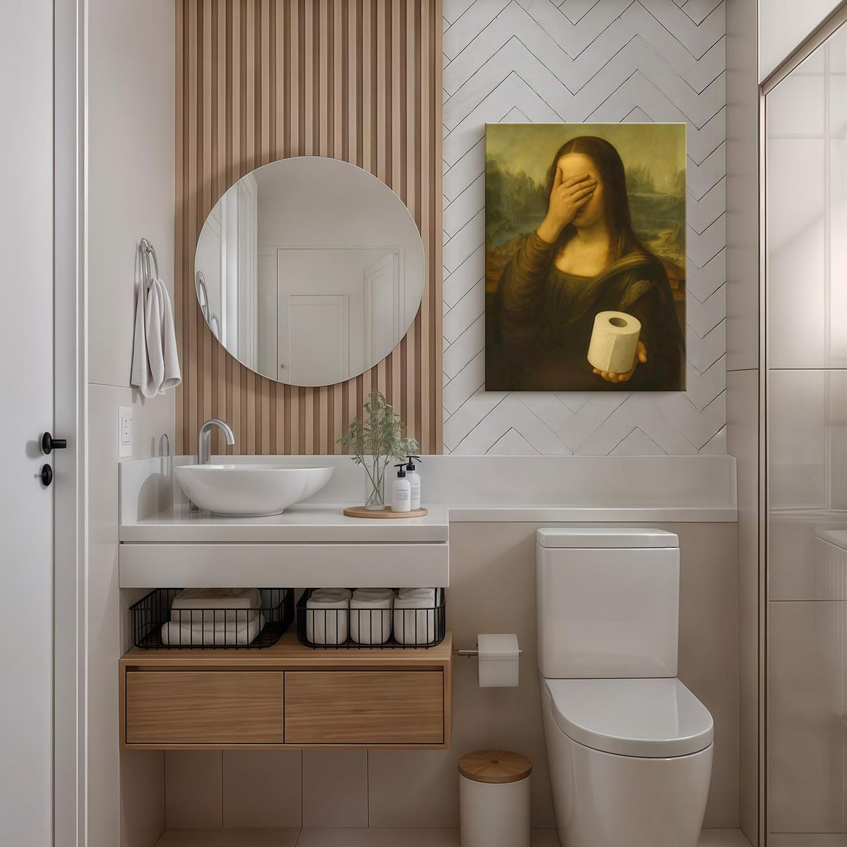 Funny Mona Lisa Bathroom Canvas Wall Art Parody World Famous Paintings Poster Print Modern Bathroom Paintings Humor Painting Gallery Wrap Bathroom Wall Decor Framed 12x16 Inch Ready to Hang (Funny Mona Lisa-2 / 12"L x 16"W)