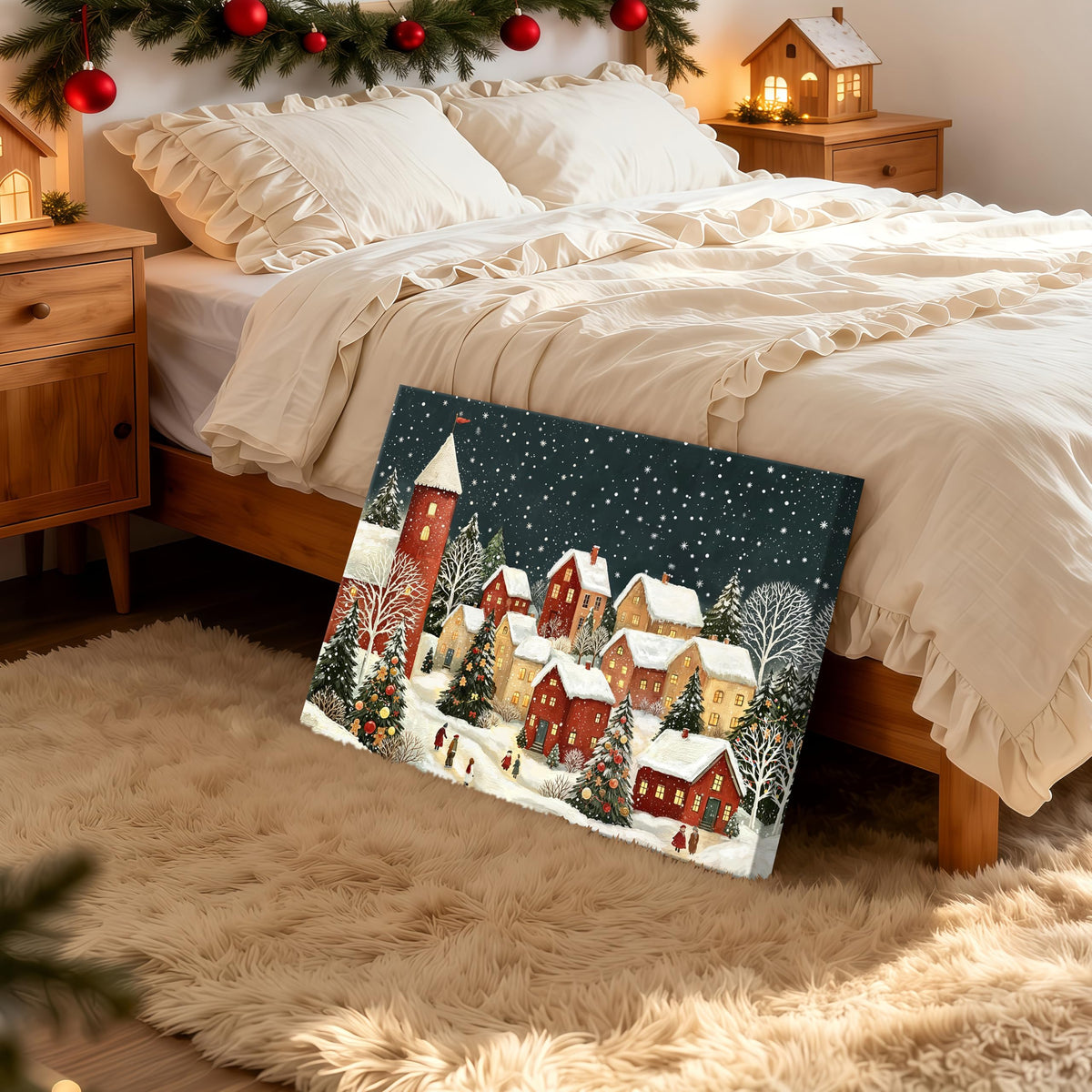 Vintage Christmas Winter Village Canvas Wall Art 16"x24" (Red Snow Town / 24"L x 16"W)