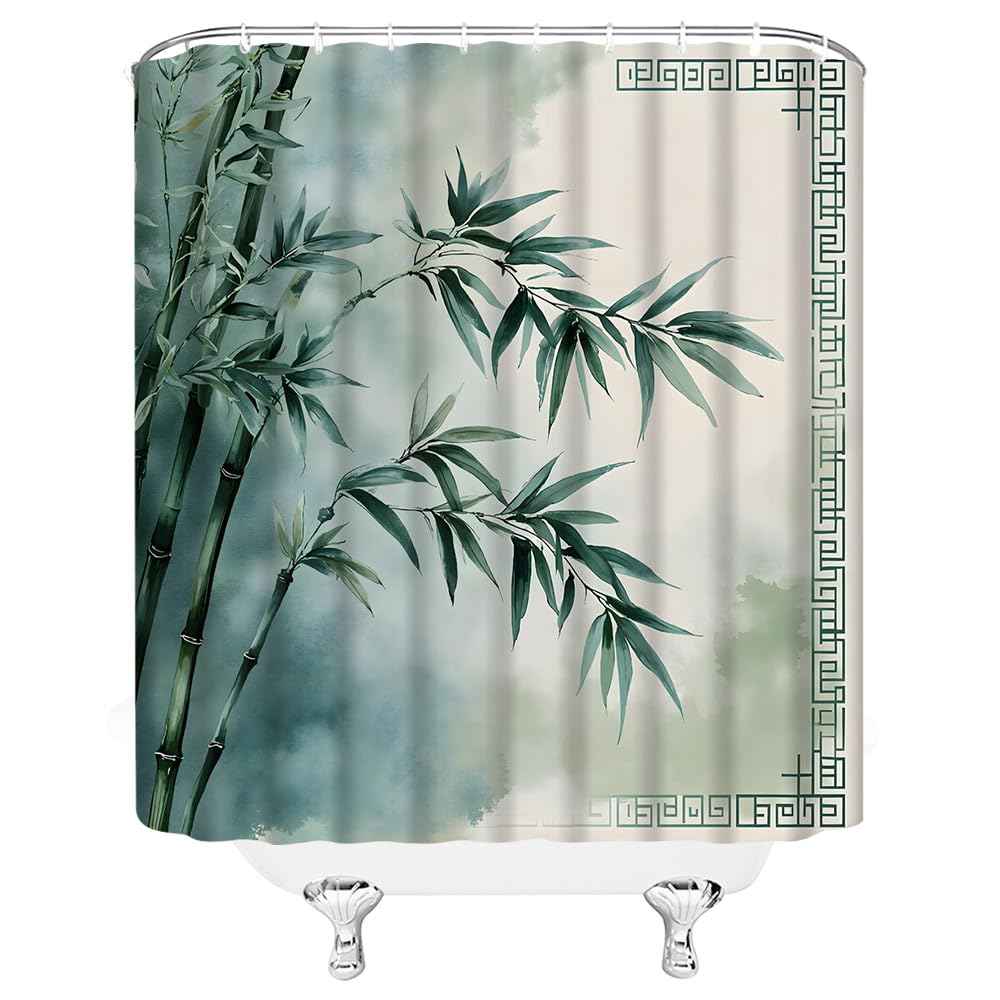Bamboo Shower Curtain Vintage Green Bamboo Forest Leaves Traditional Retro Rustic Wild Nature Plant Asian Japanese Zen Relaxing Bathroom Decor Polyester Fabric Curtains with Hook 90Wx70H Inches (Green / 90"W x 70"L (Pack of 1))