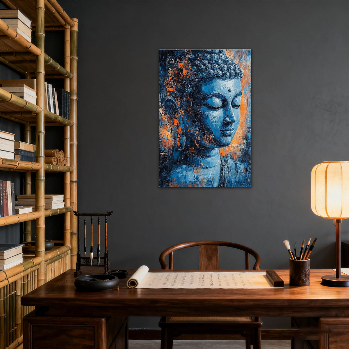 Buddha Canvas Wall Art Teal Orange Abstract Buddha Head Painting Spiritual Zen Meditation Decor for Yoga Room Living Room (Buddha-5 / 24L" x 16W")
