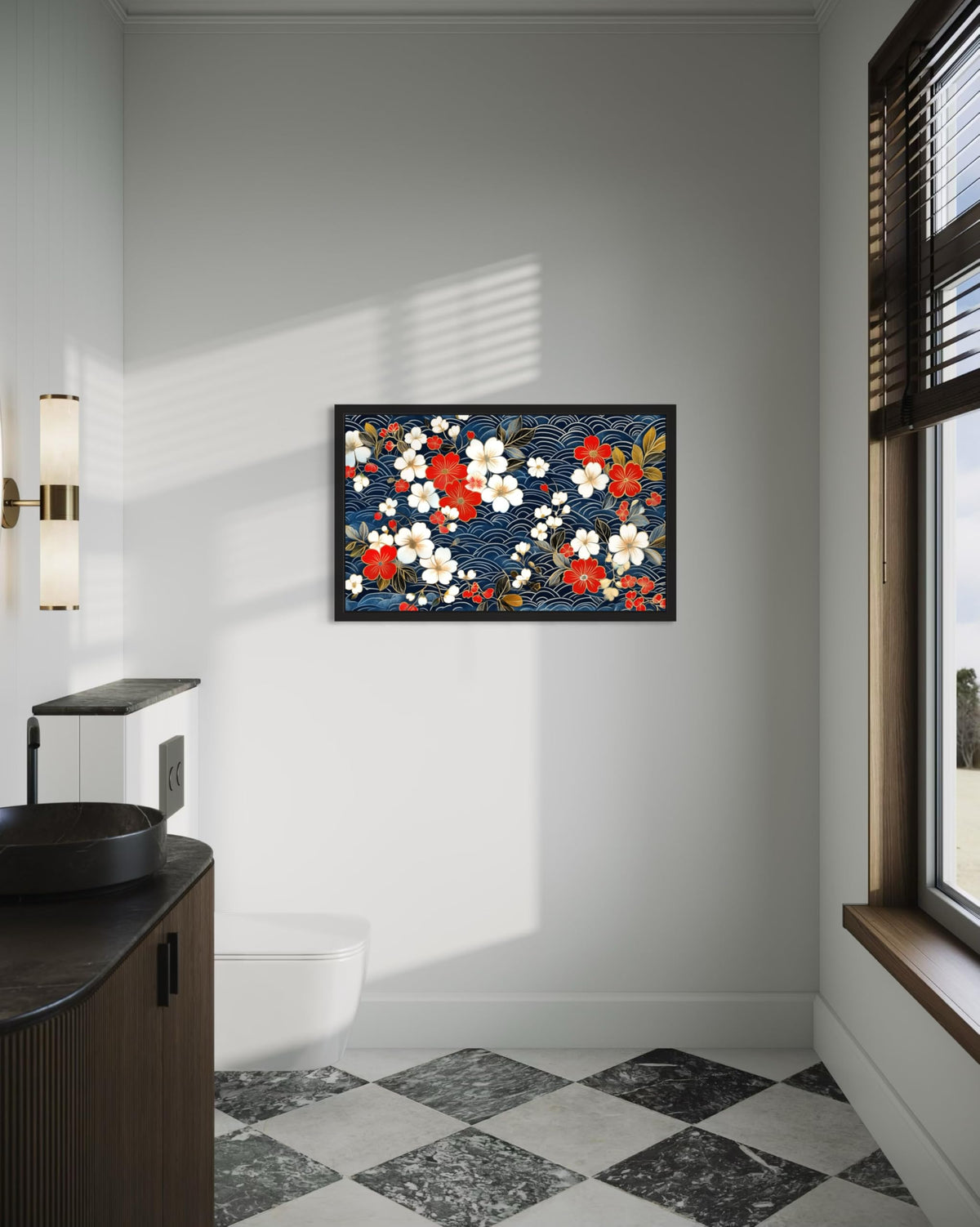 Japanese Flower Pattern Black Framed Wall Art Print Poster (Japanese Flower Pattern / 14"L x 11"W)
