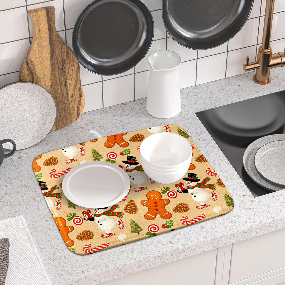 Xmas Gingerbread Man Candy Cane Dish Drying Mat for Kitchen Counter (Gingerbread Man / 16" x 18")