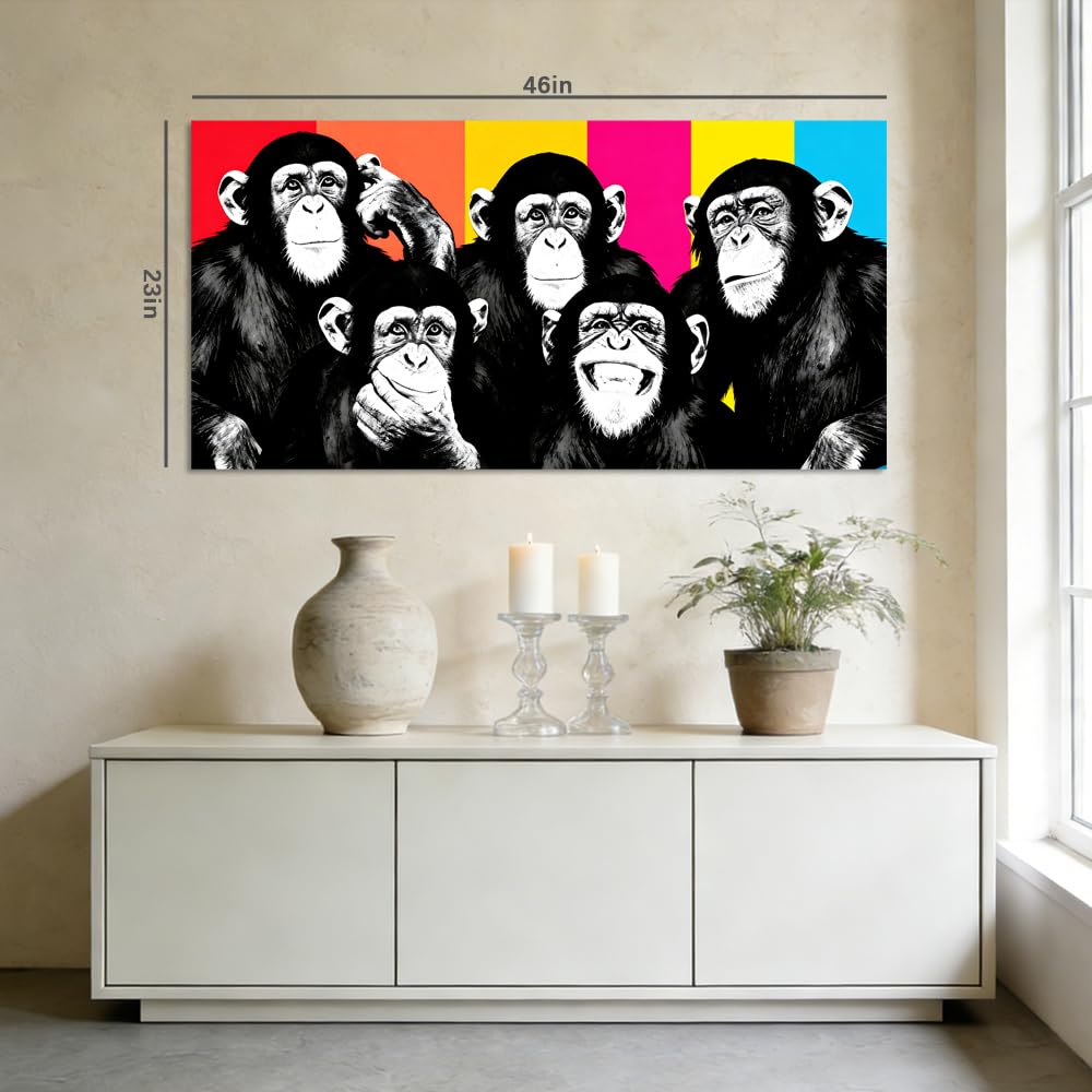 Colorful Pop Art Monkey Canvas Wall Art Funny Chimpanzee Animal Painting Print Gallery Wrapped Humorous Street Art Artwork for Living Room Bathroom Bedroom Decor (Wildlife / Black Monkeys 2 / 58"L x 28"W)