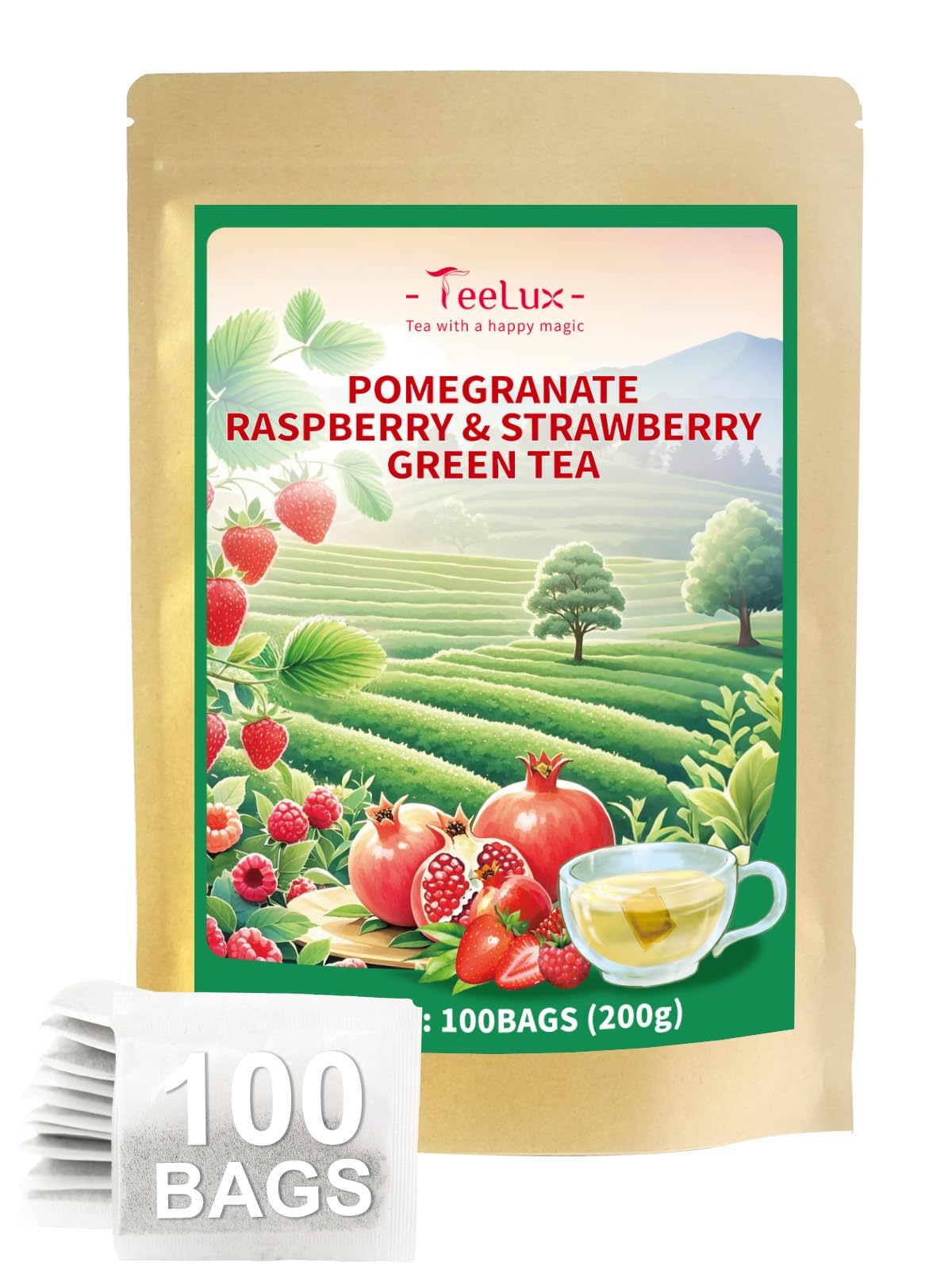 Pomegranate Raspberry Strawberry Green Tea Bags (100 Count (Pack of 1))