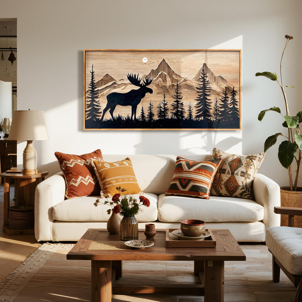 Deer Forest Mountain Wall Art Large Framed Print Farmhouse Decor (Deer Mountain / 57"L x 29"W)