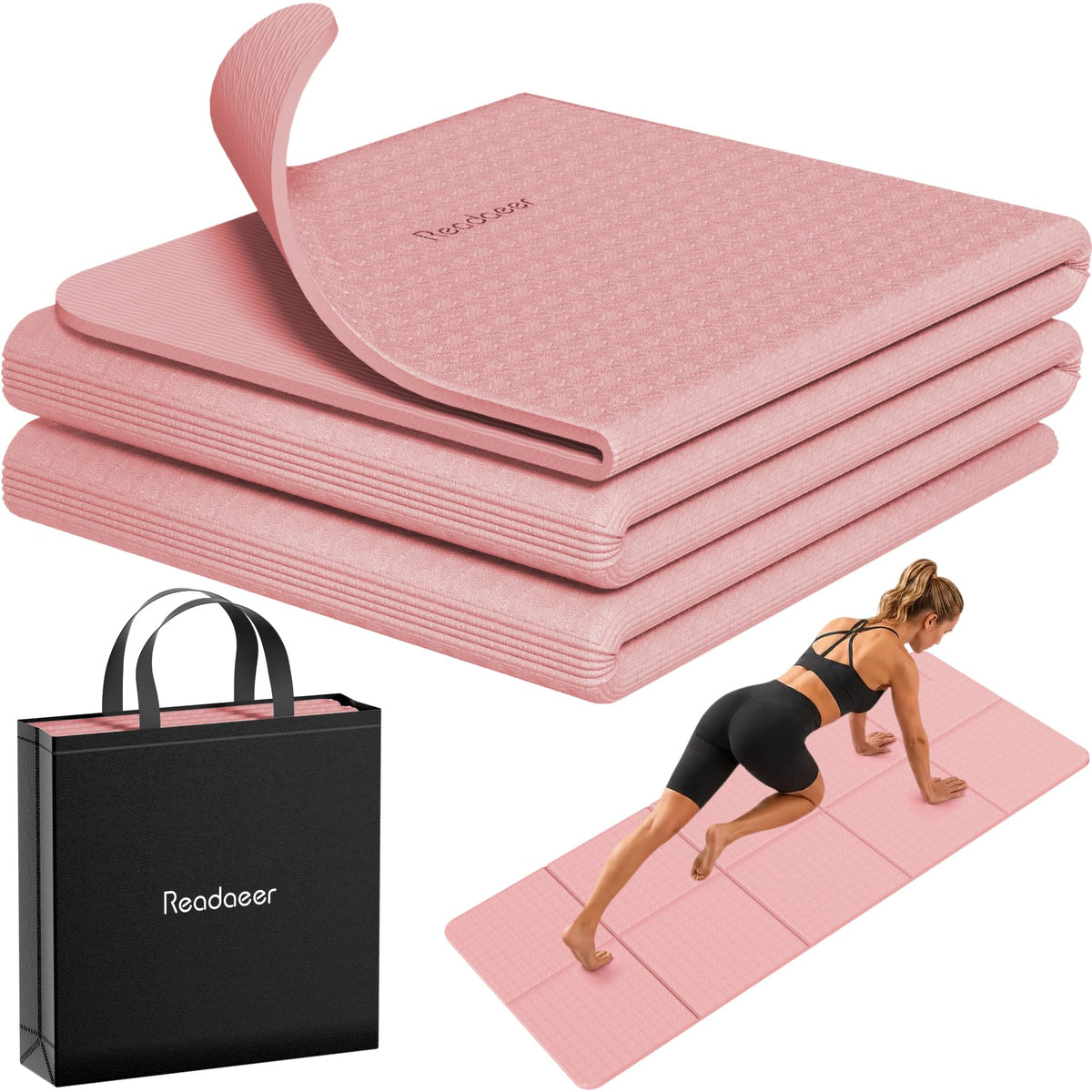 Foldable Yoga Mat for Travel Folding Yoga Mat 6mm Thick with Carrying Bag (Pink)
