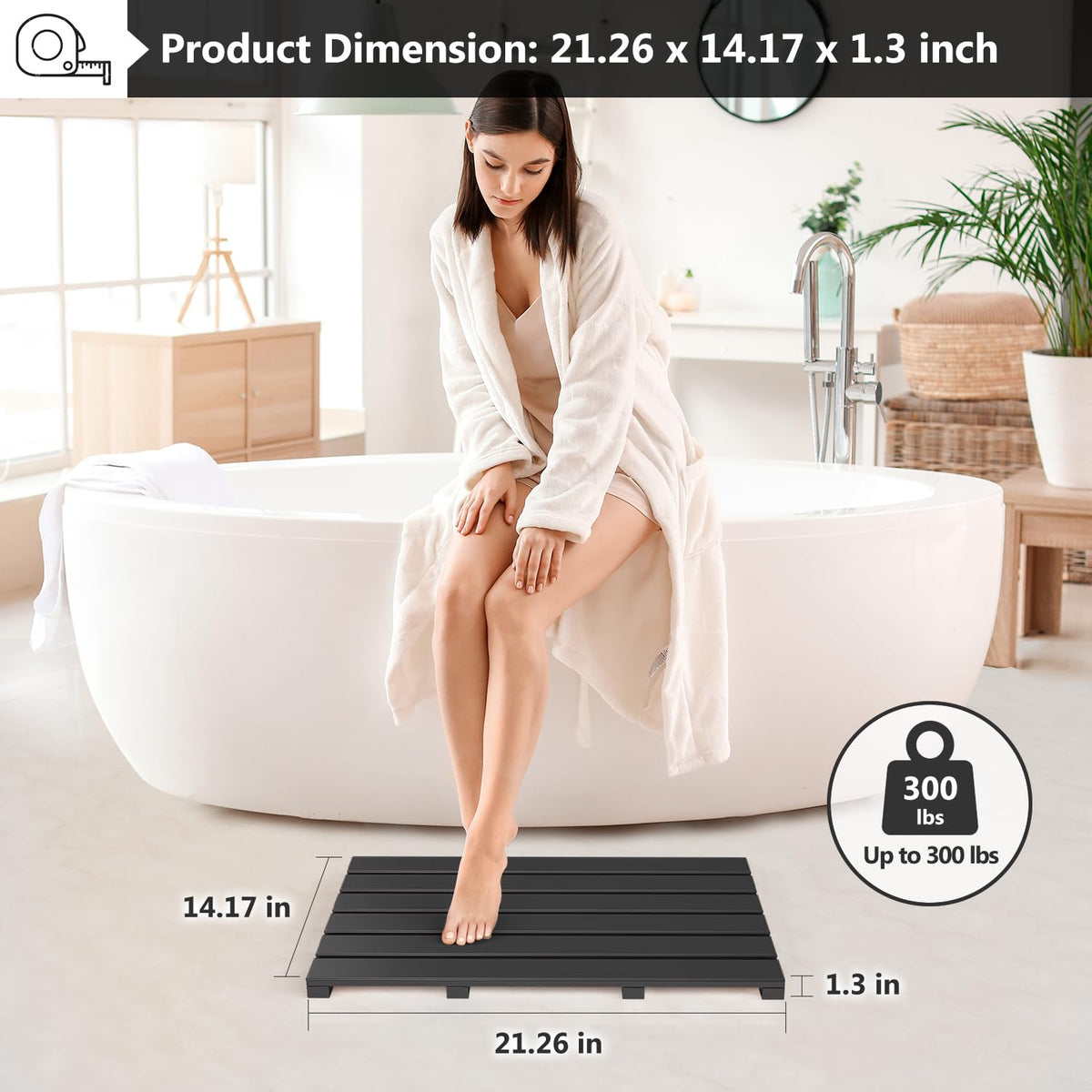 Wooden Bamboo Bath Shower Mat (Black / 21.3" x 14.2" (Rectangular))