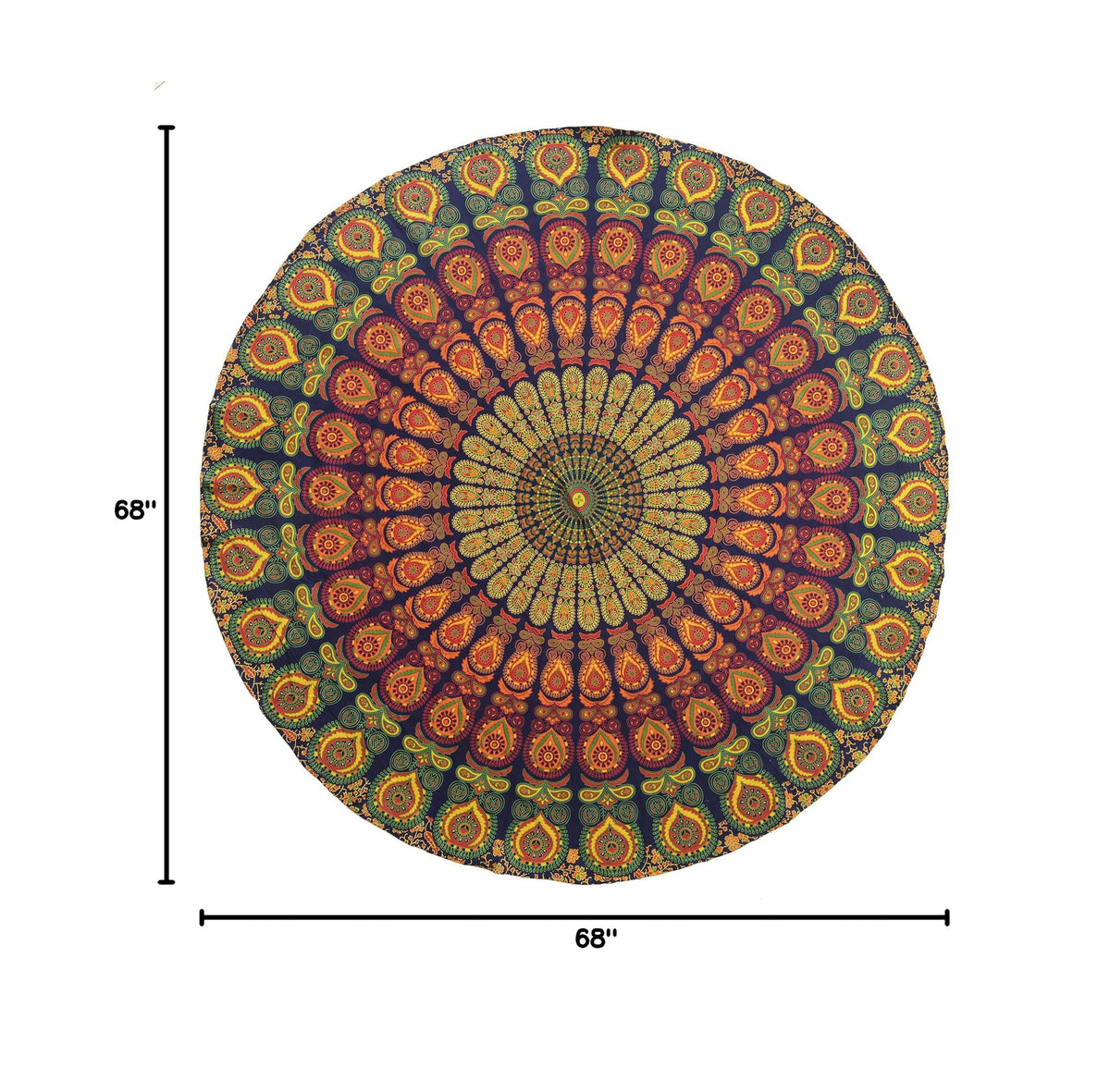 Set of 2 Round tapestry Indian Peacock Mandala Beach Throw Tapestry Wall Hanging Hippy Boho Gypsy Cotton Tablecloth (Red_Yellow and Multicolor / Set of 2 - 70 inch roundie)