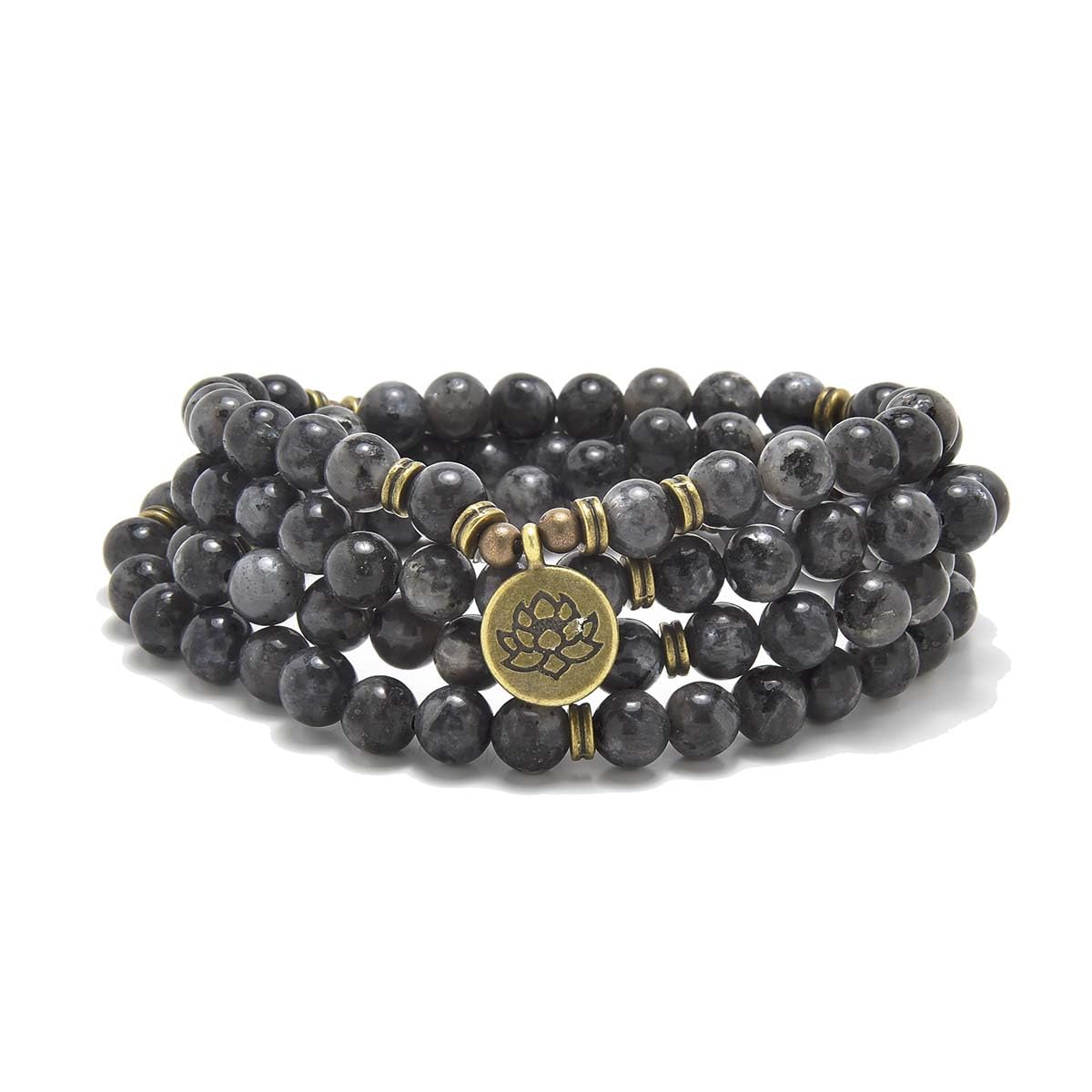 108 Natural Stone Mala Beads Yoga Bracelet with Lotus Charm (Labradorite)